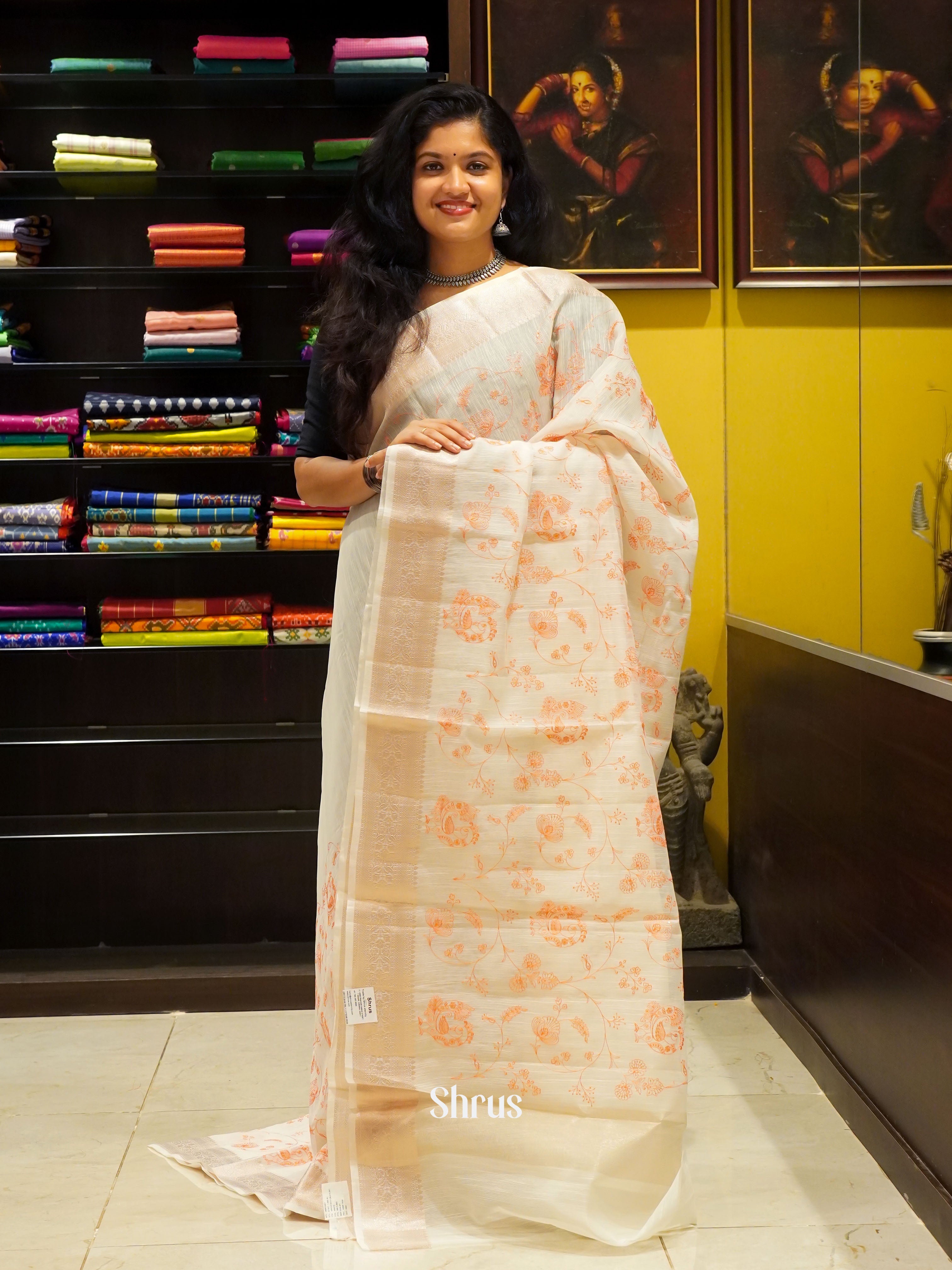 Cream & Orange - Semi organza Saree