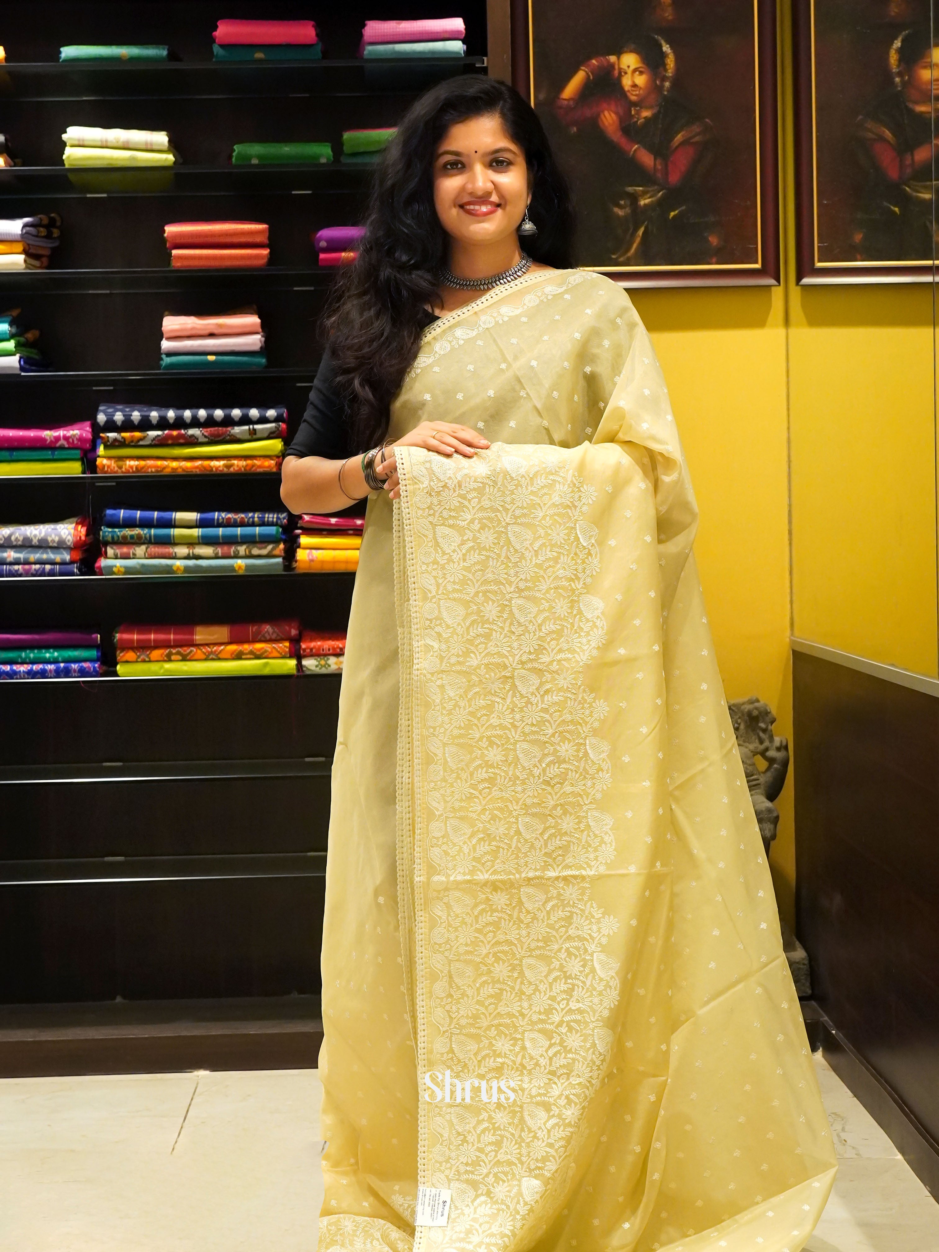 Light Lemon Yellow(Single Tone) - Semi organza Saree