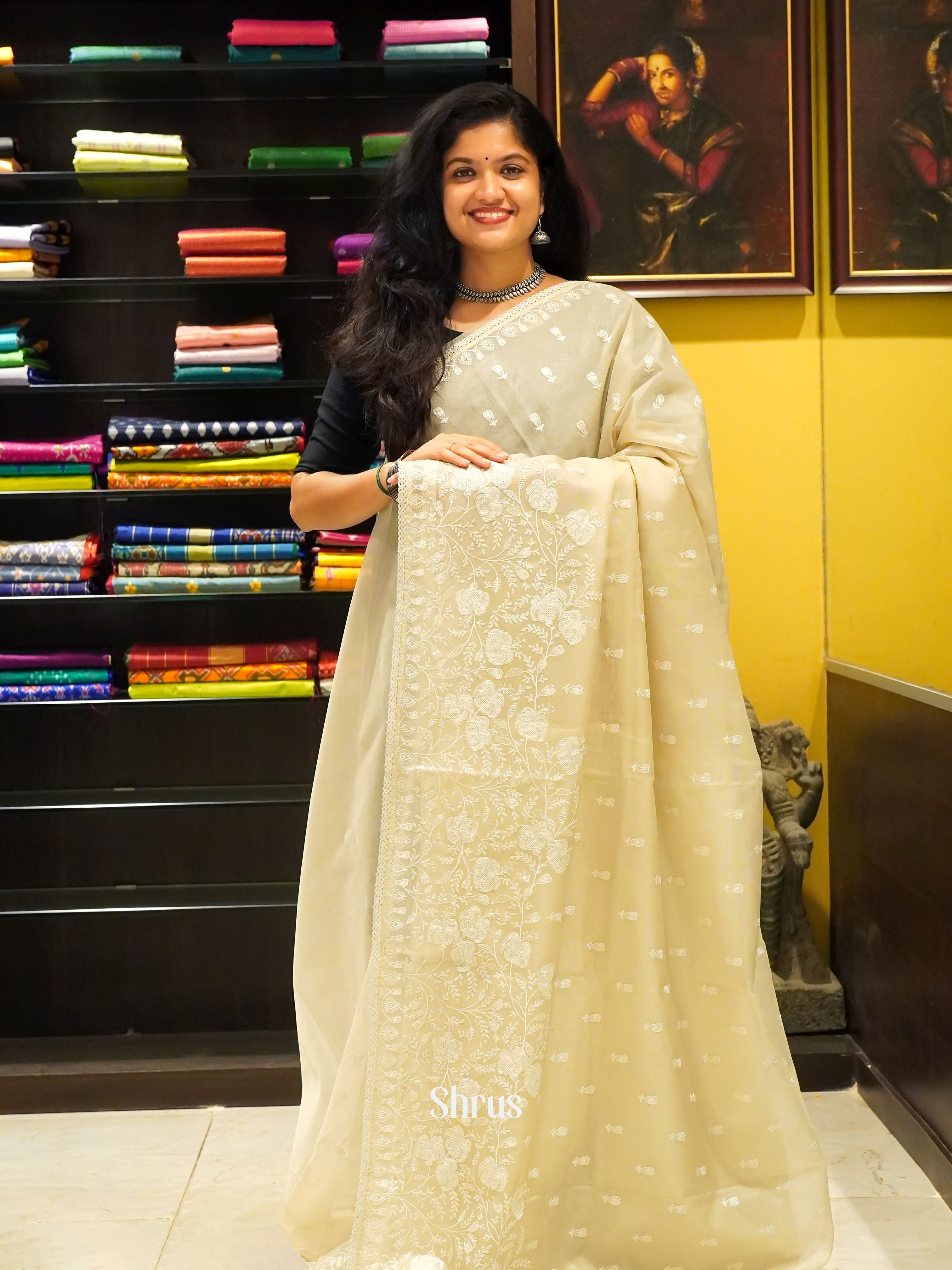 Cream - Semi Organza Saree