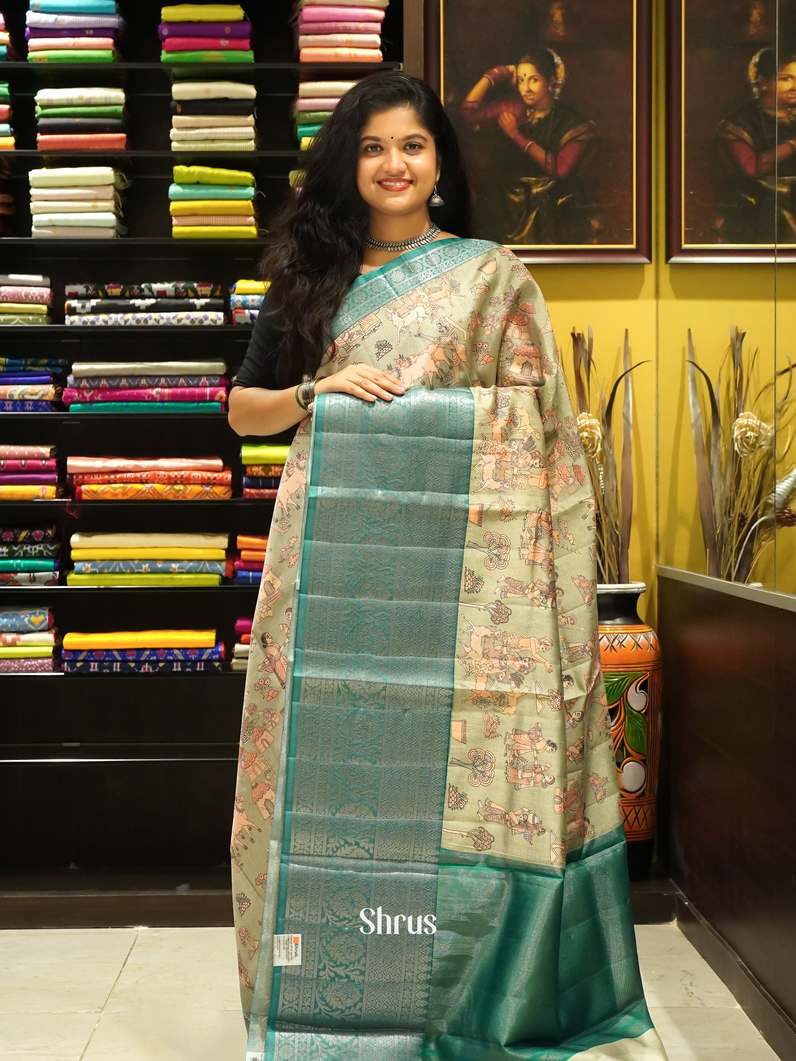 Elachi Green  & Green- Semi dupion Saree