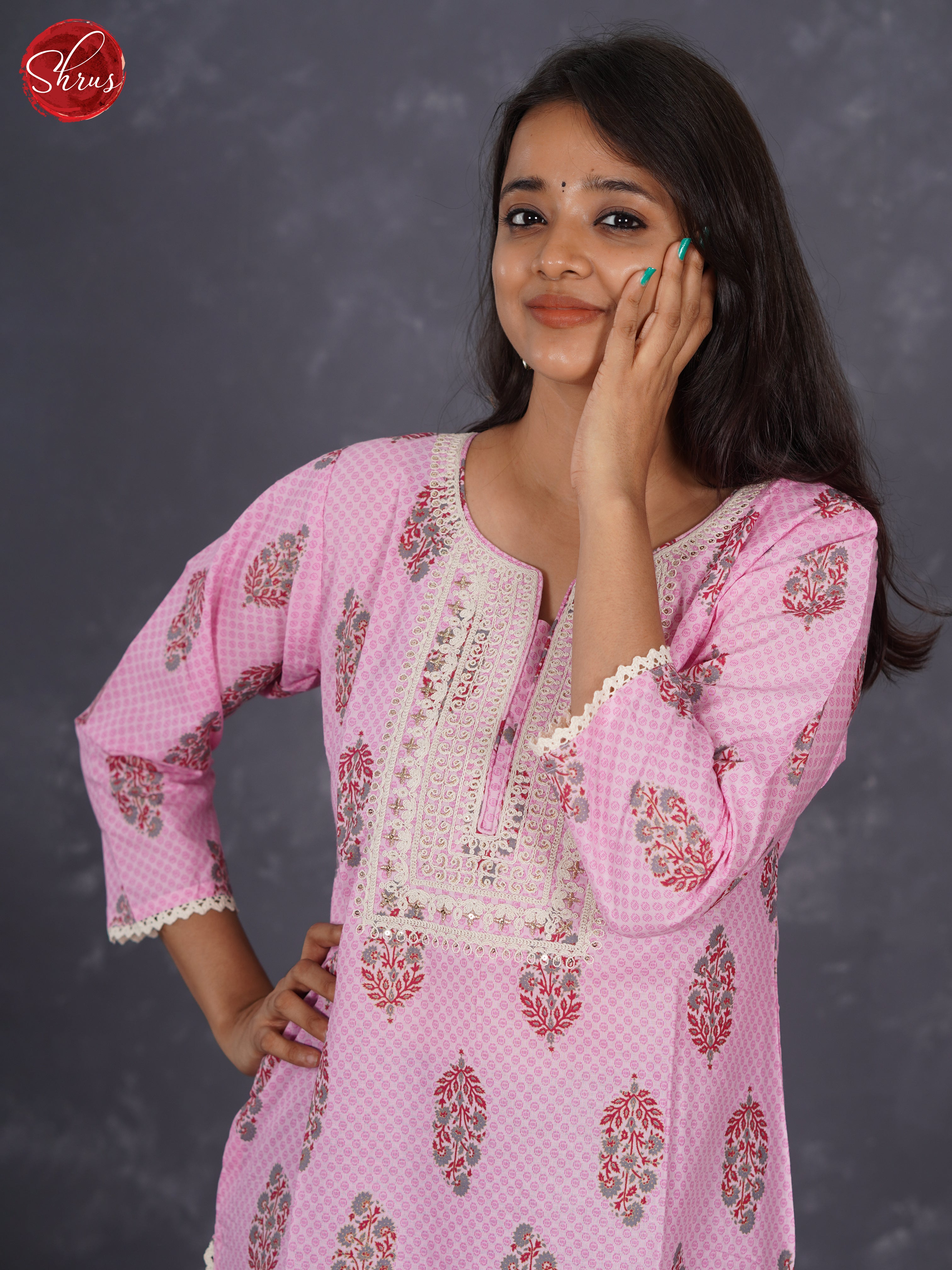 Pink - Readymade kurti top with floral print & Lace embroidery - Shop on ShrusEternity.com
