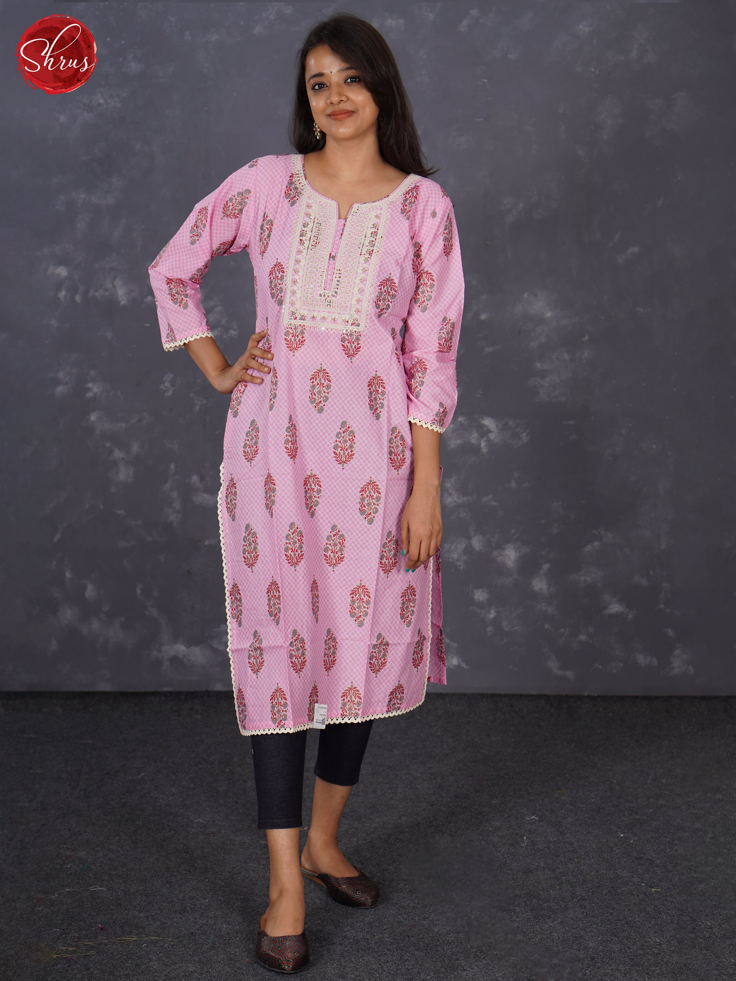 Pink - Readymade kurti top with floral print & Lace embroidery - Shop on ShrusEternity.com