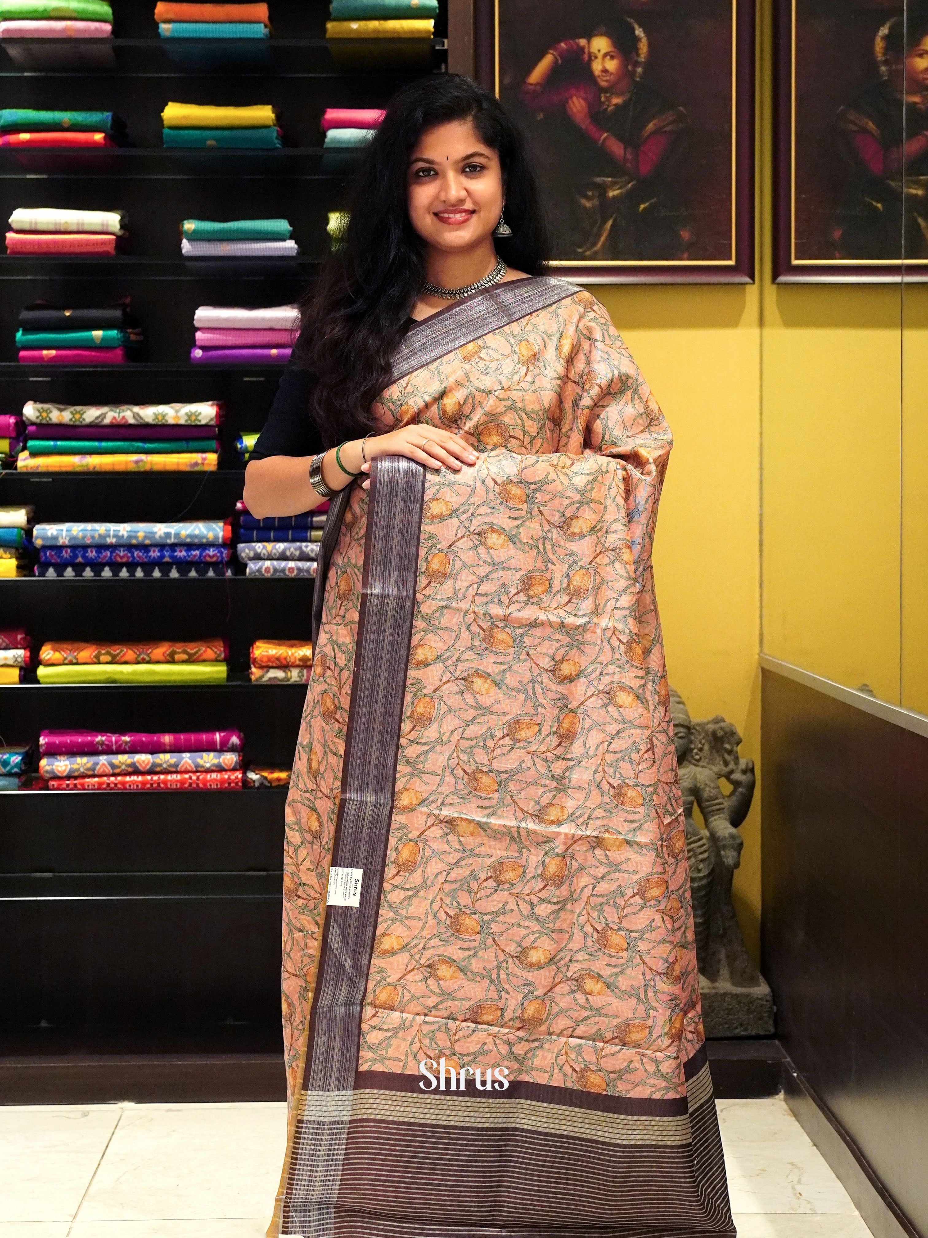 Peach & Brown- Semi gicha Saree