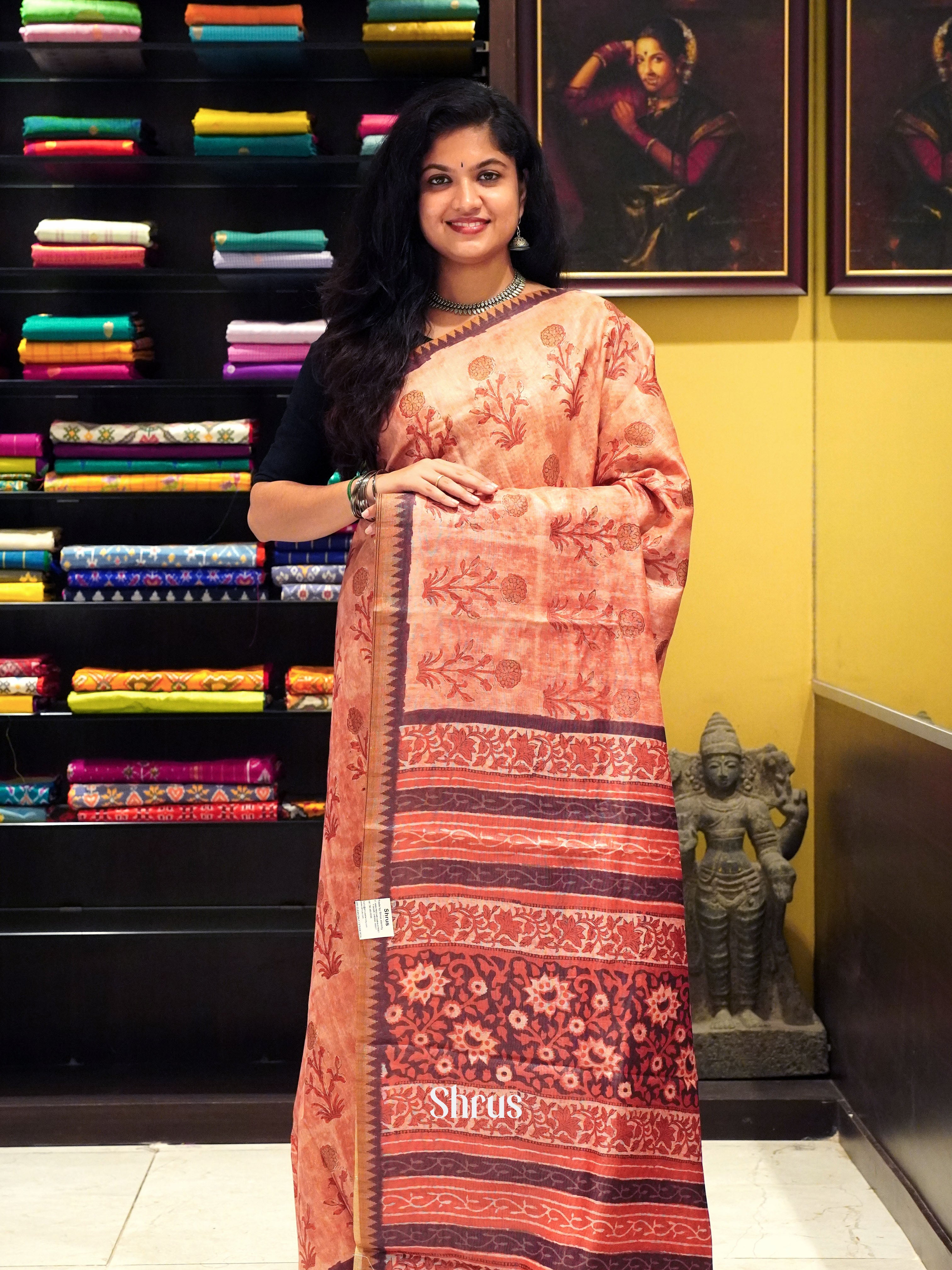 Orange & Brown - Semi gicha Saree