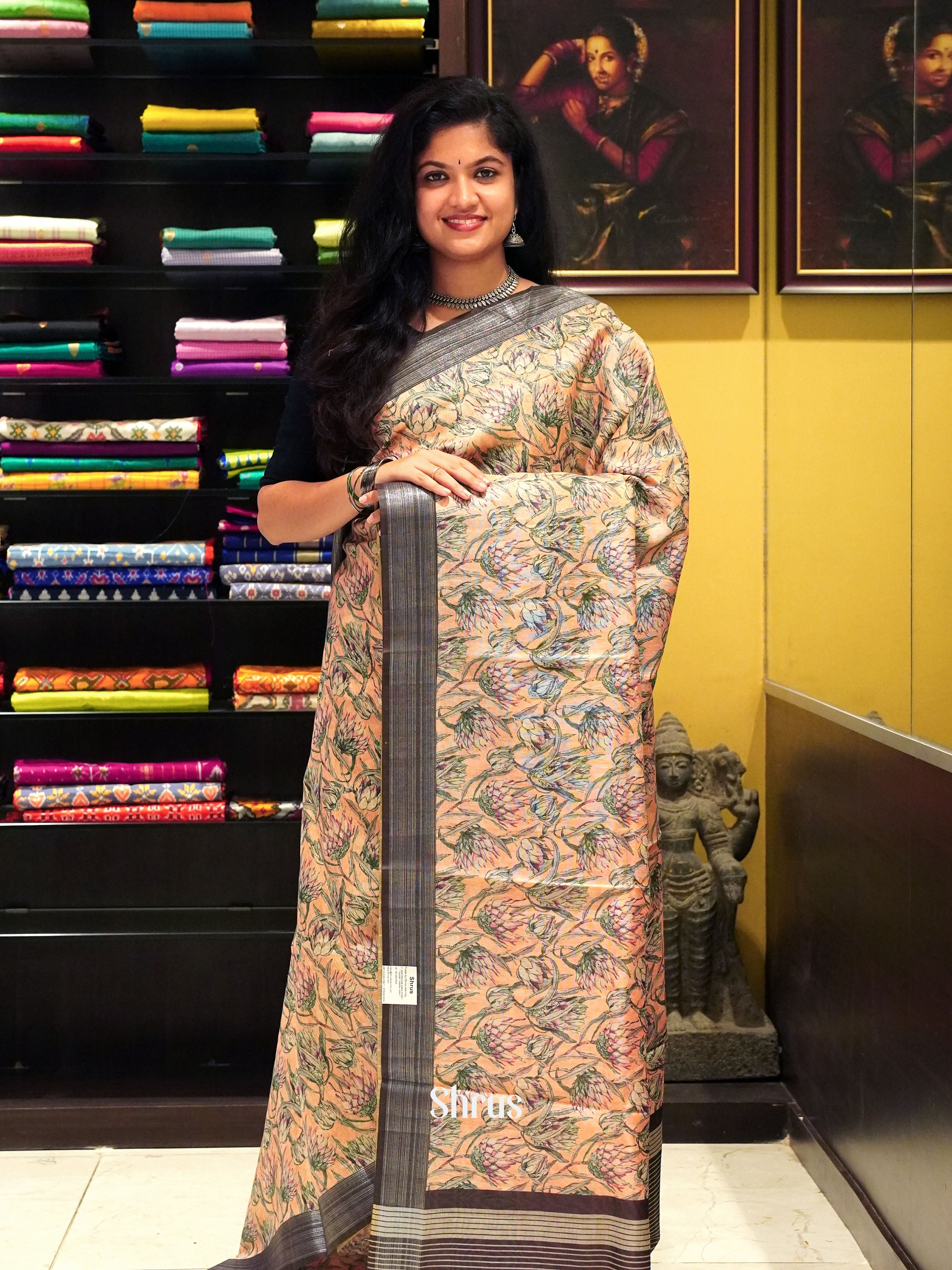 Peach & Brown - Semi gicha Saree