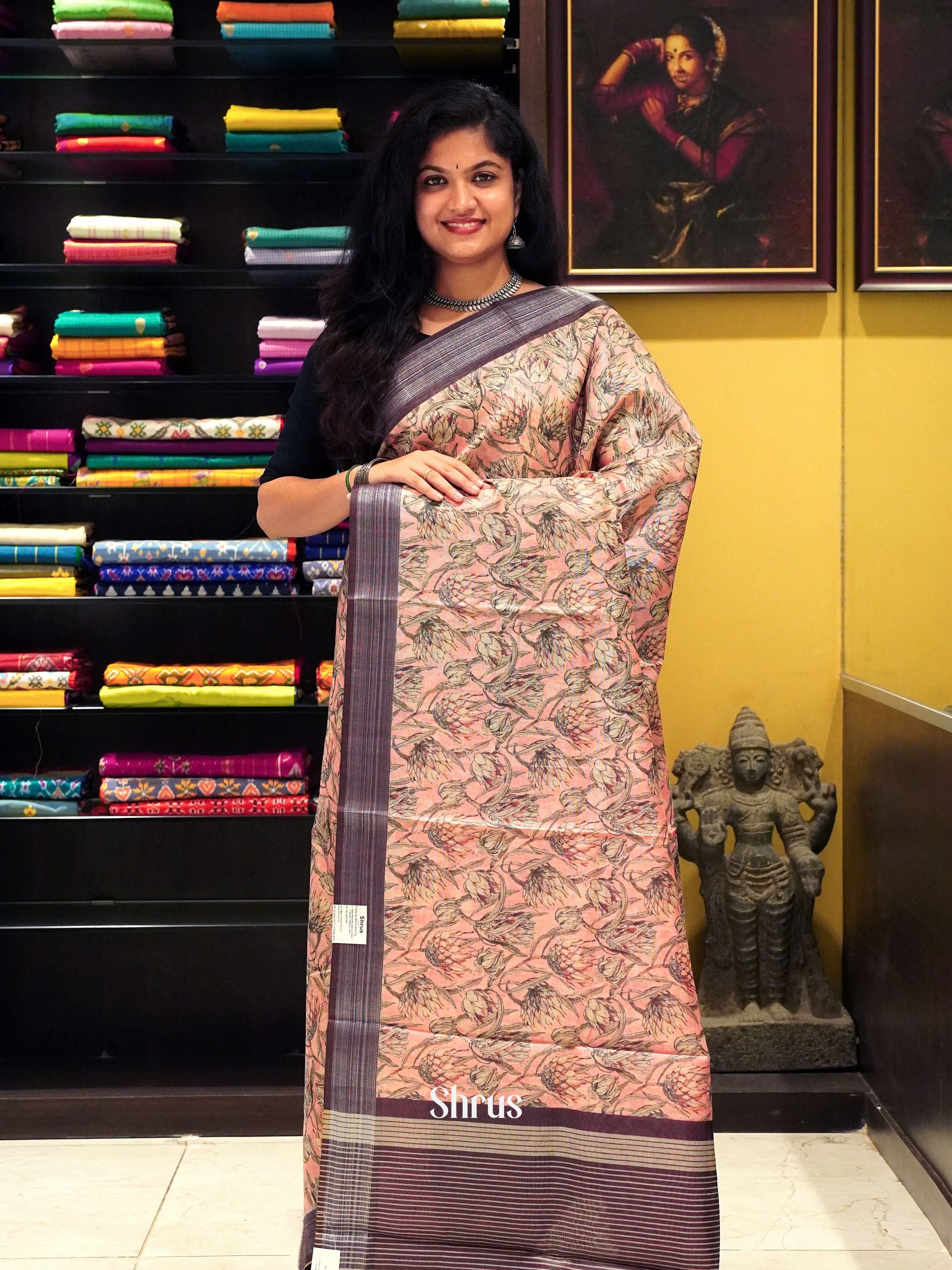 Peachish Pink & Brown- Semi gicha Saree