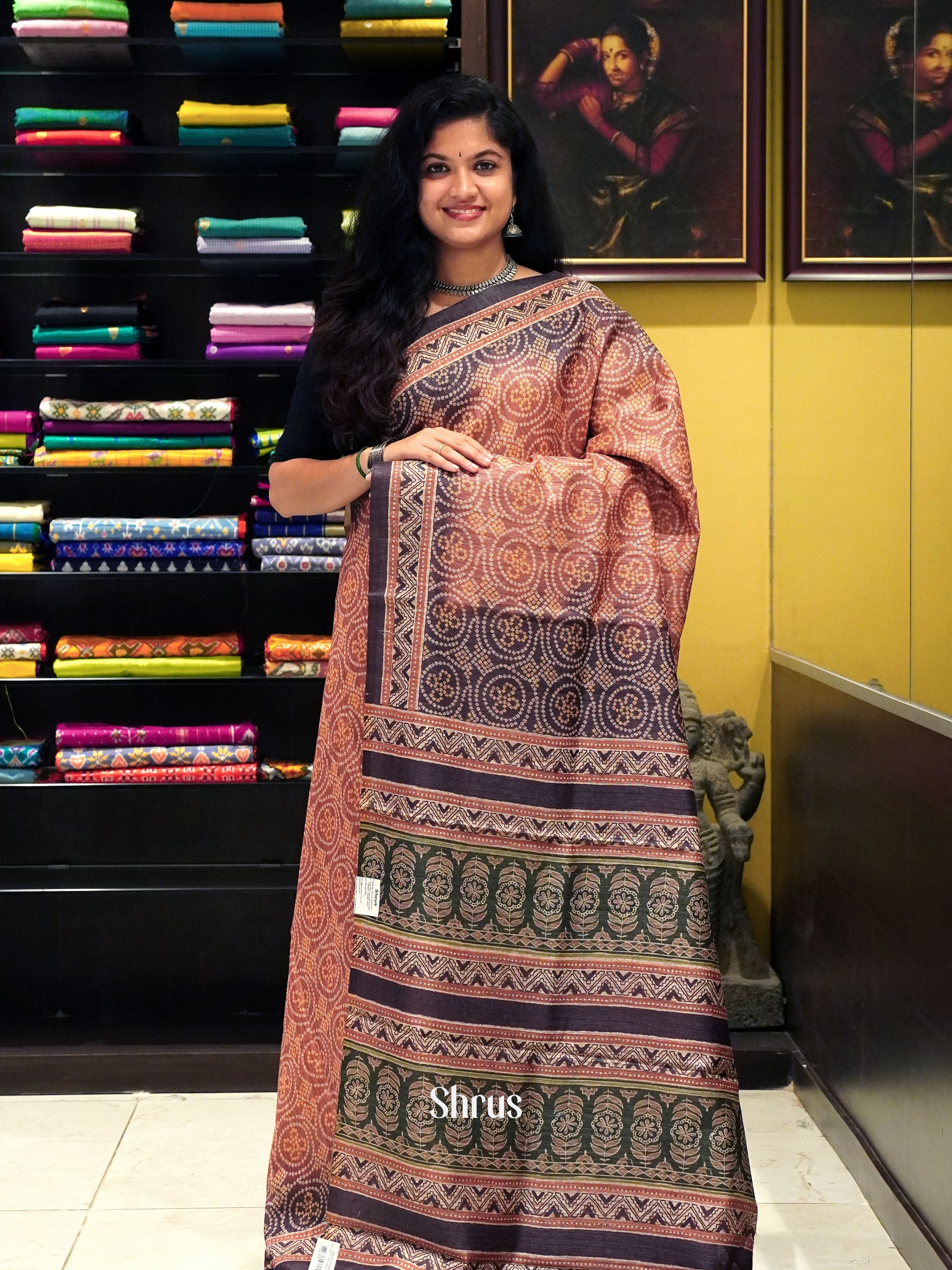 Light Brown & Brown  - Semi gicha Saree