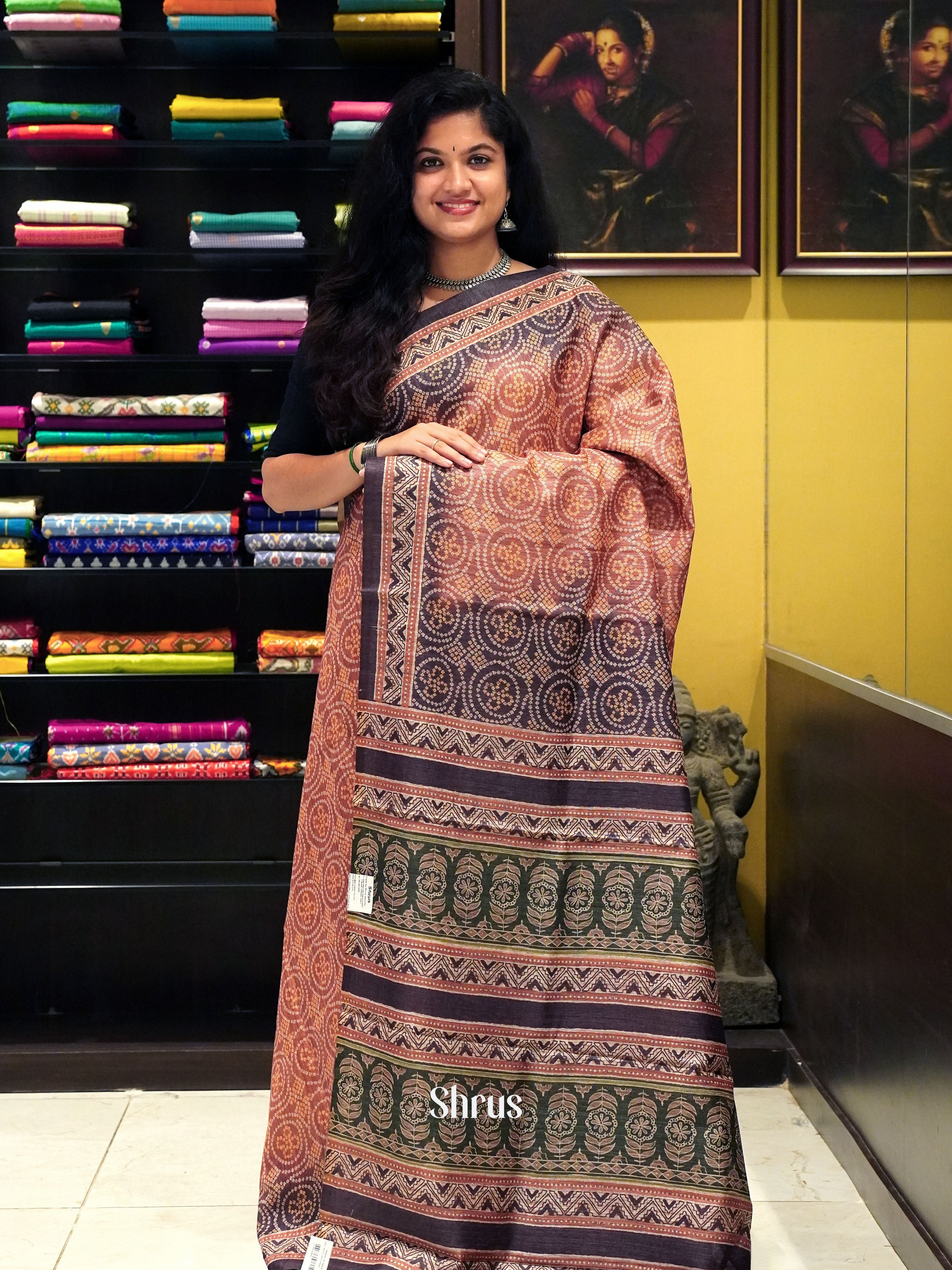 Brown & Dark Brown - Semi gicha Saree