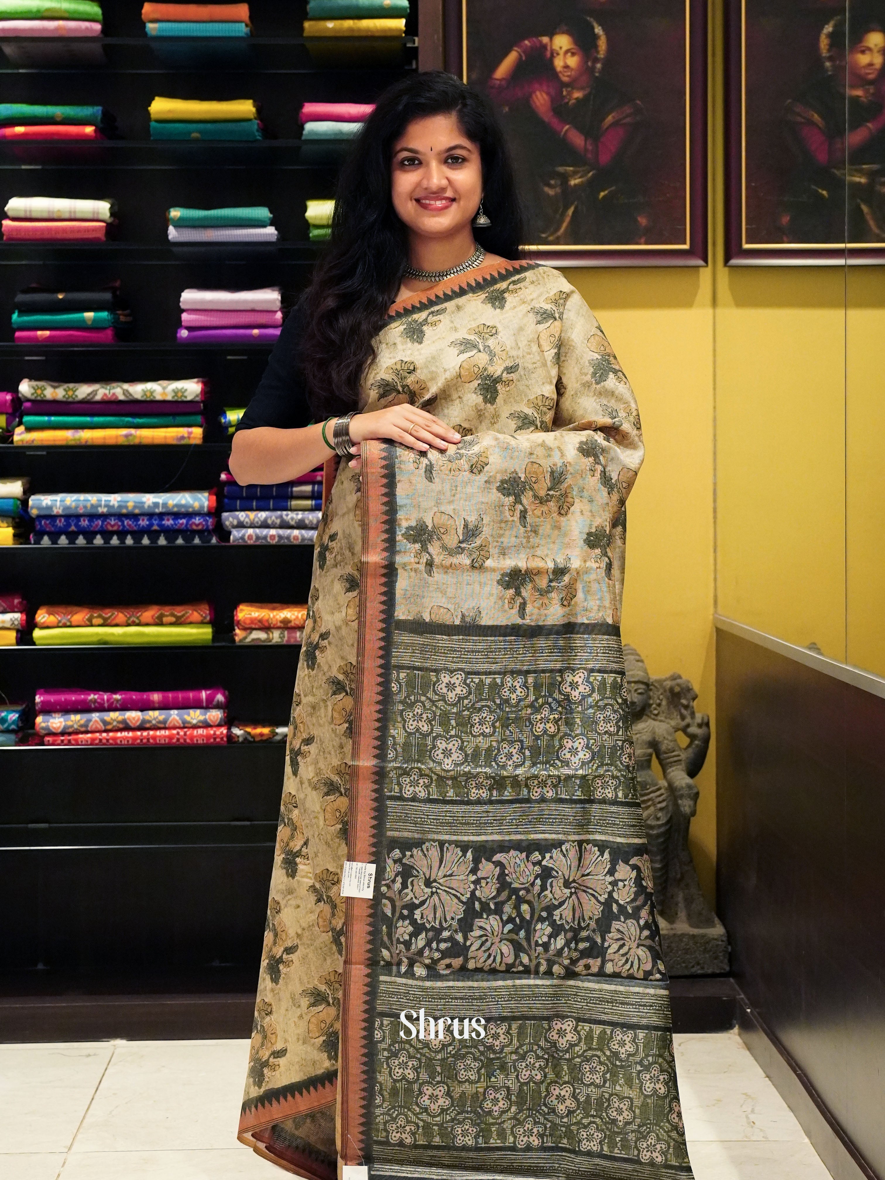 Elachi Green & Grey  - Semi gicha Saree