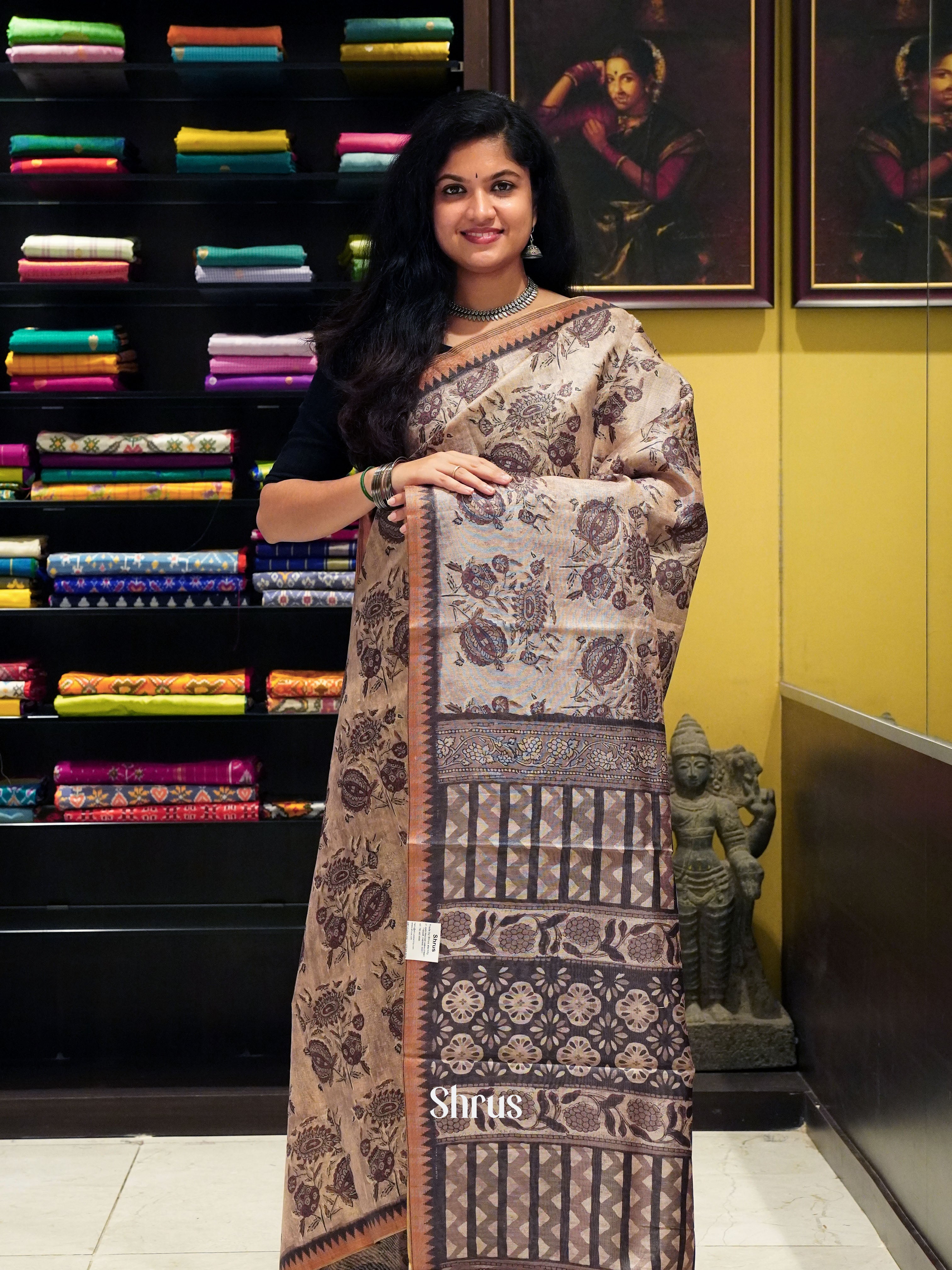 Light Brown & Brown - Semi gicha Saree