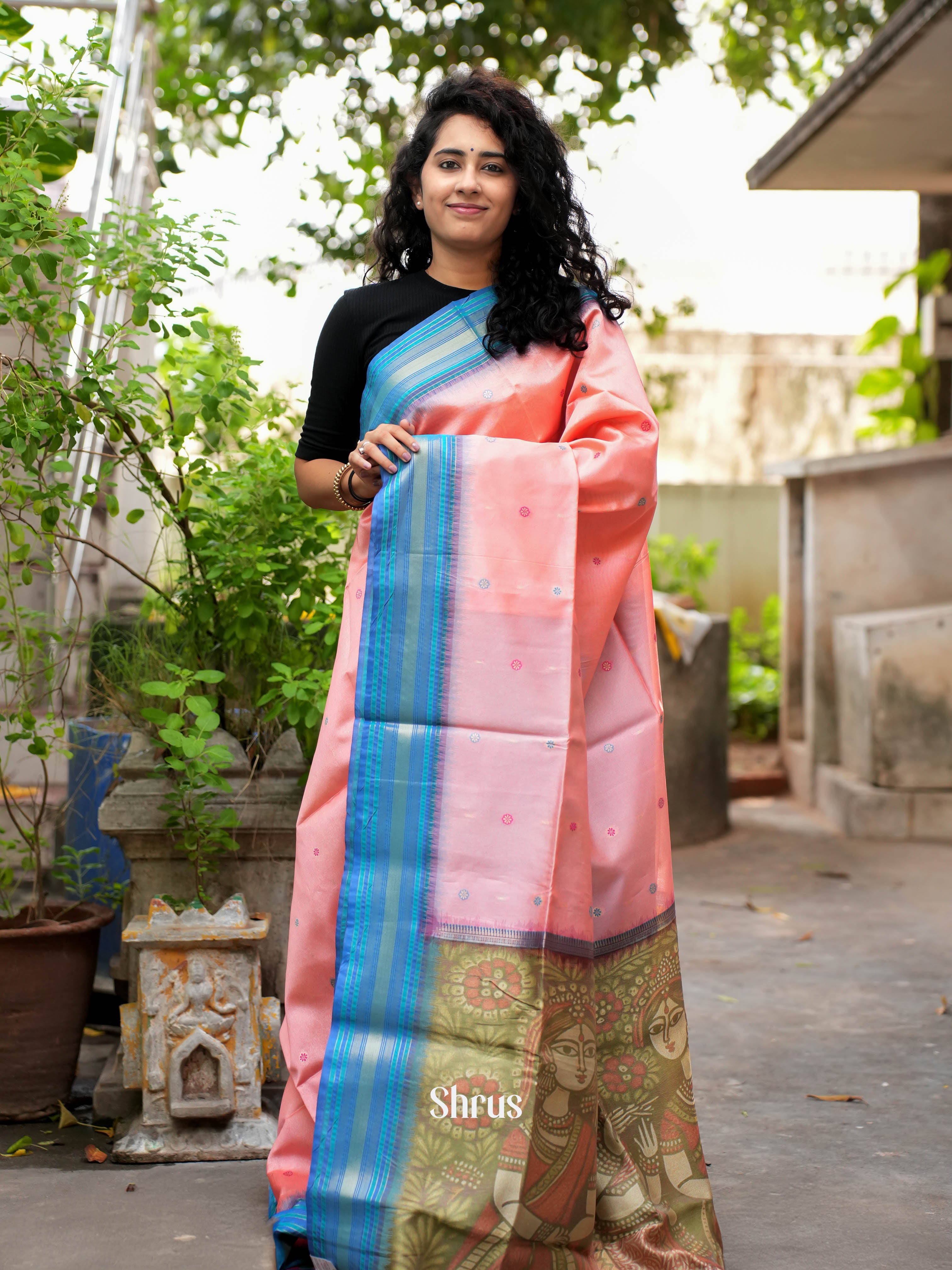 Pink  & Blue - Semi Tussar Saree