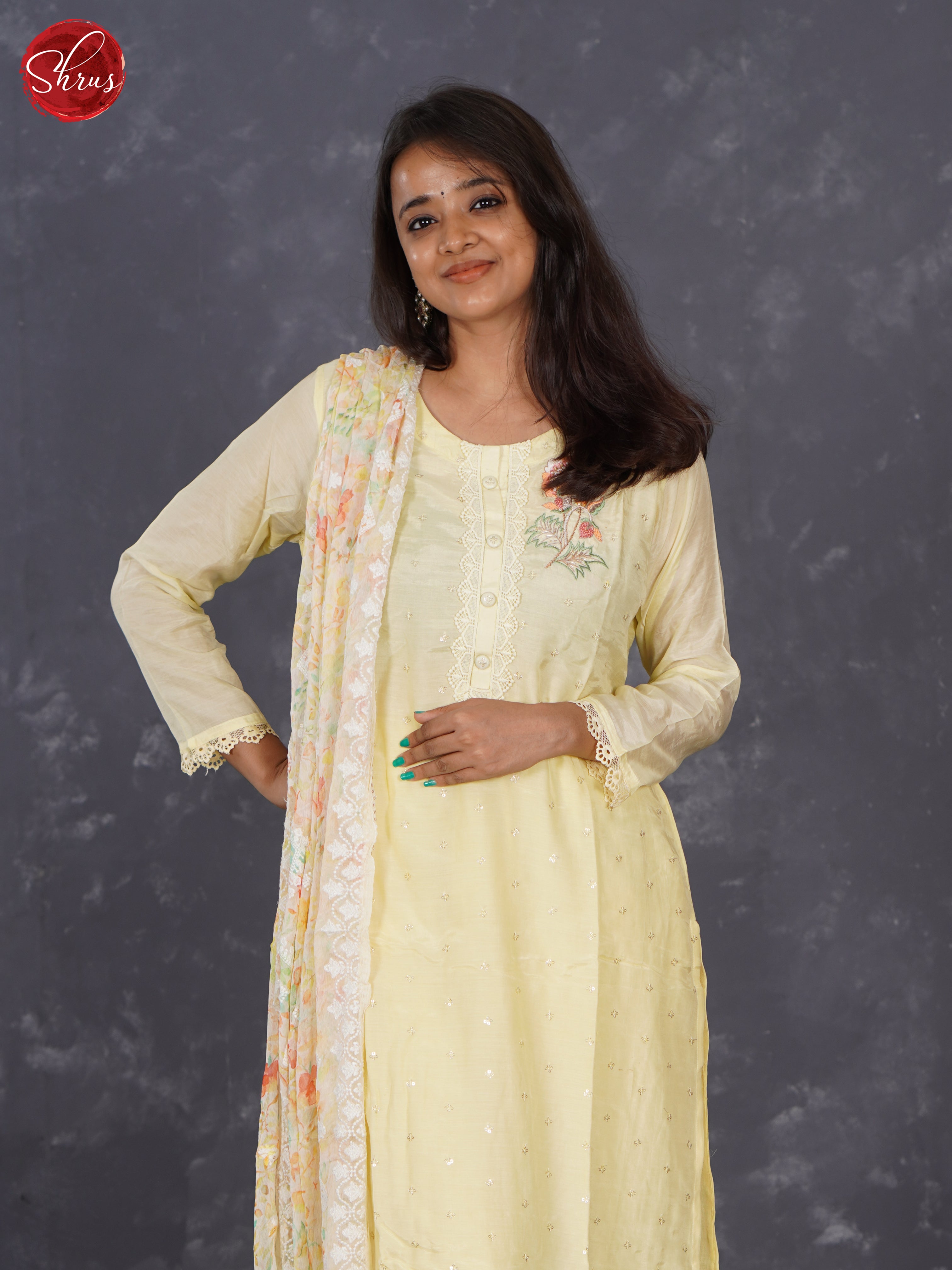 Pale Yellow - Embroidered Printed Silk Top with Organza Dupatta 3 Piece Readymade Salwar - Shop on ShrusEternity.com