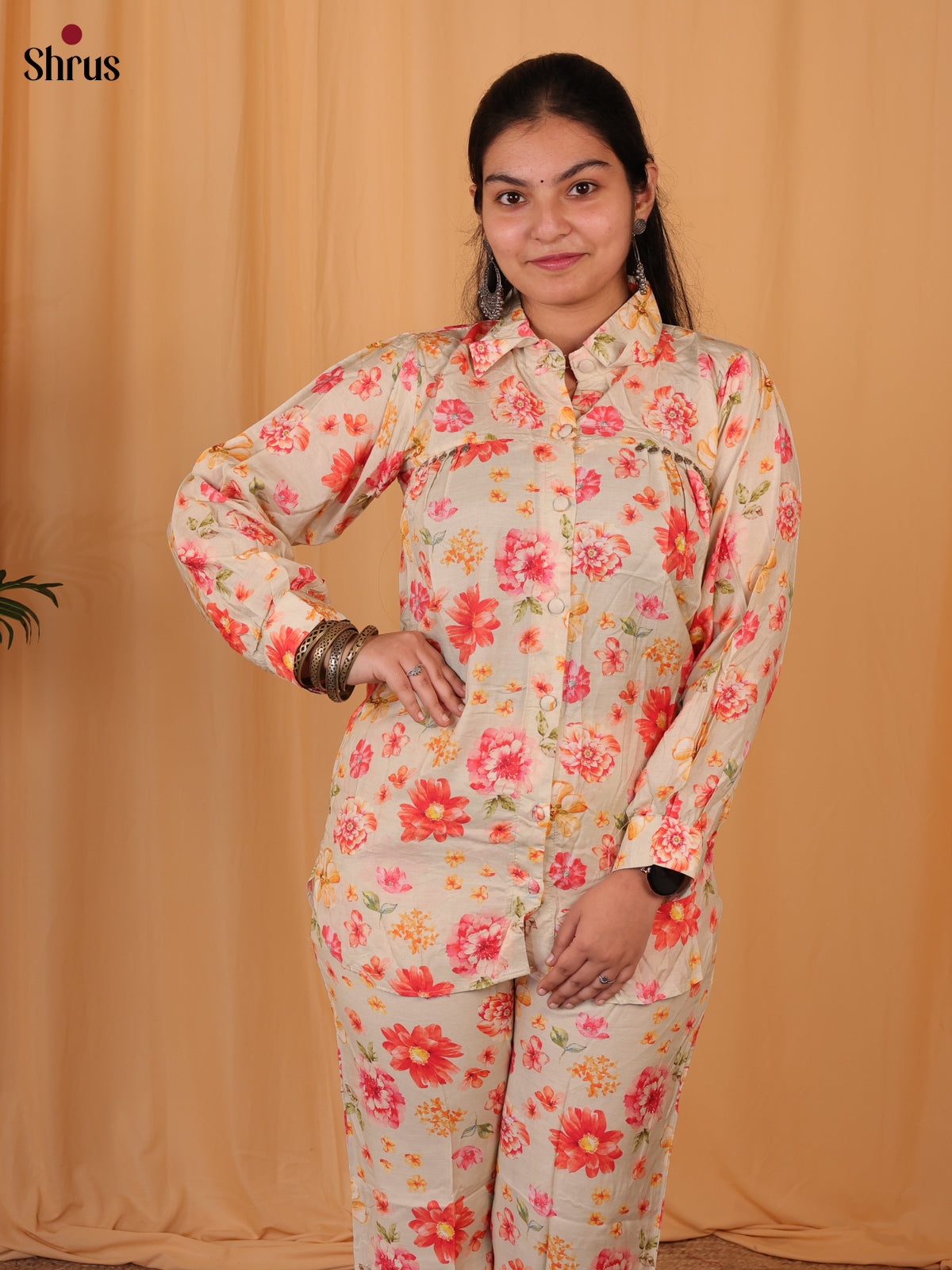 Cream & Pink- 2pc readymade suit (co - ord)