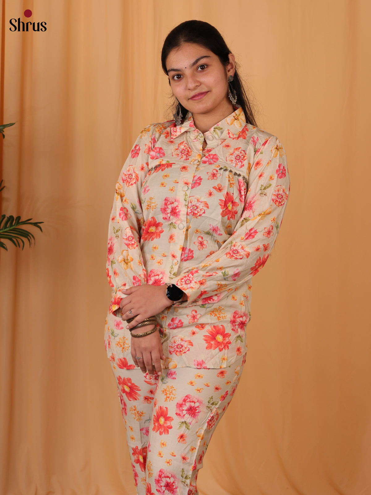 Cream & Pink- 2pc readymade suit (co - ord)