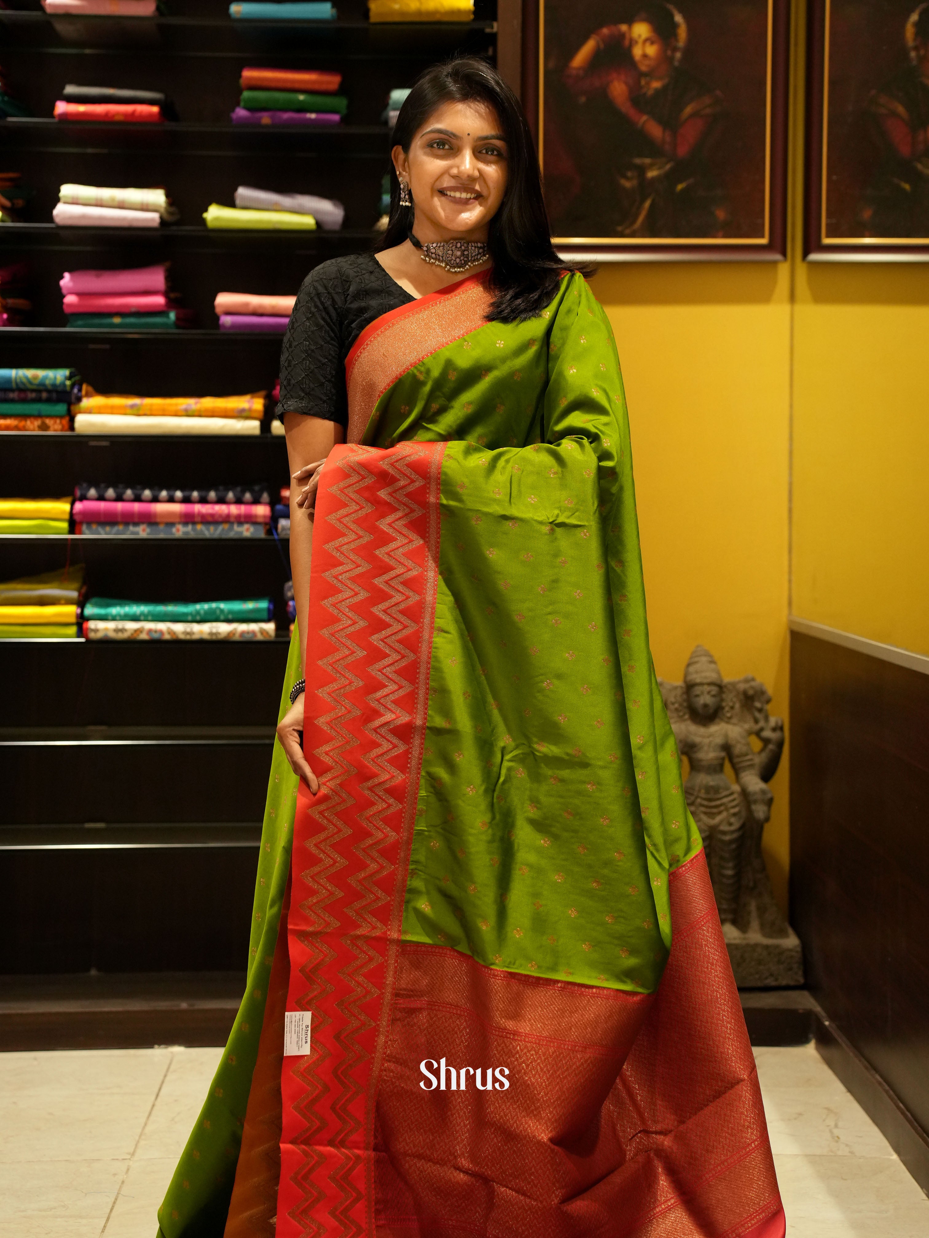 Green & Red - Semi dupion Saree