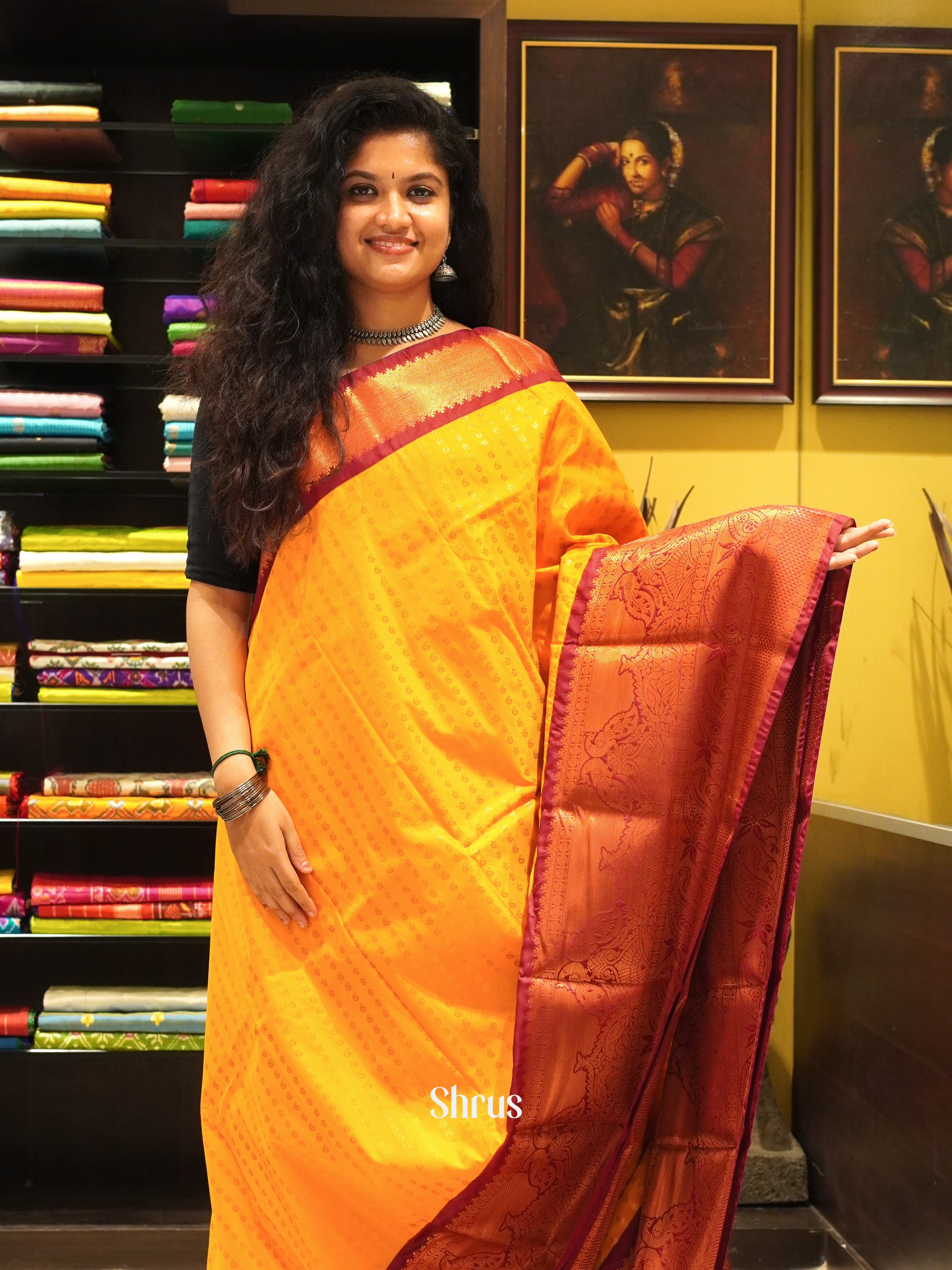 Light Sunset Orange & Maroon - Semi Kanchipuram saree with zari motifs & rich zari woven Border