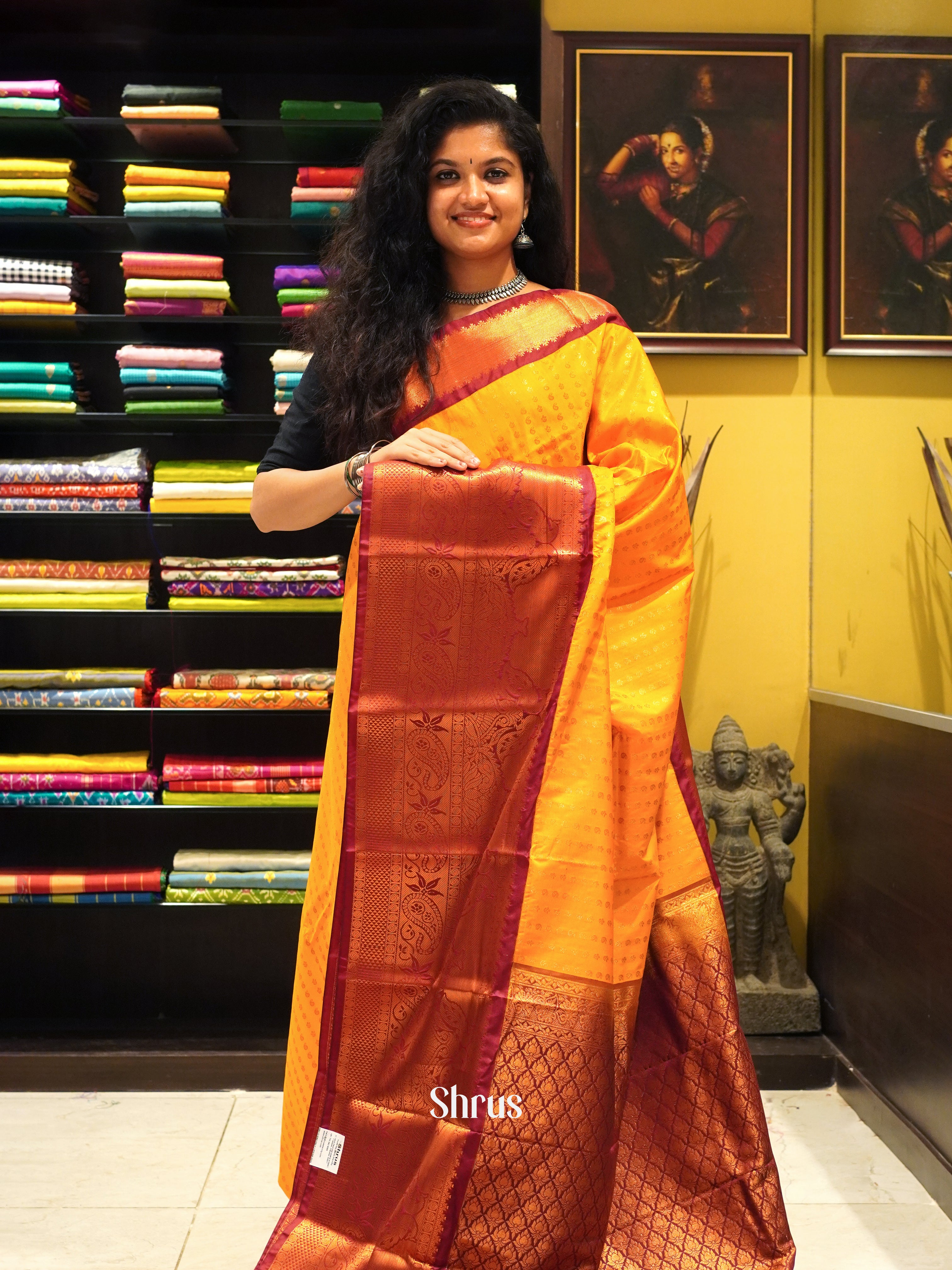 Light Sunset Orange & Maroon - Semi Kanchipuram saree with zari motifs & rich zari woven Border