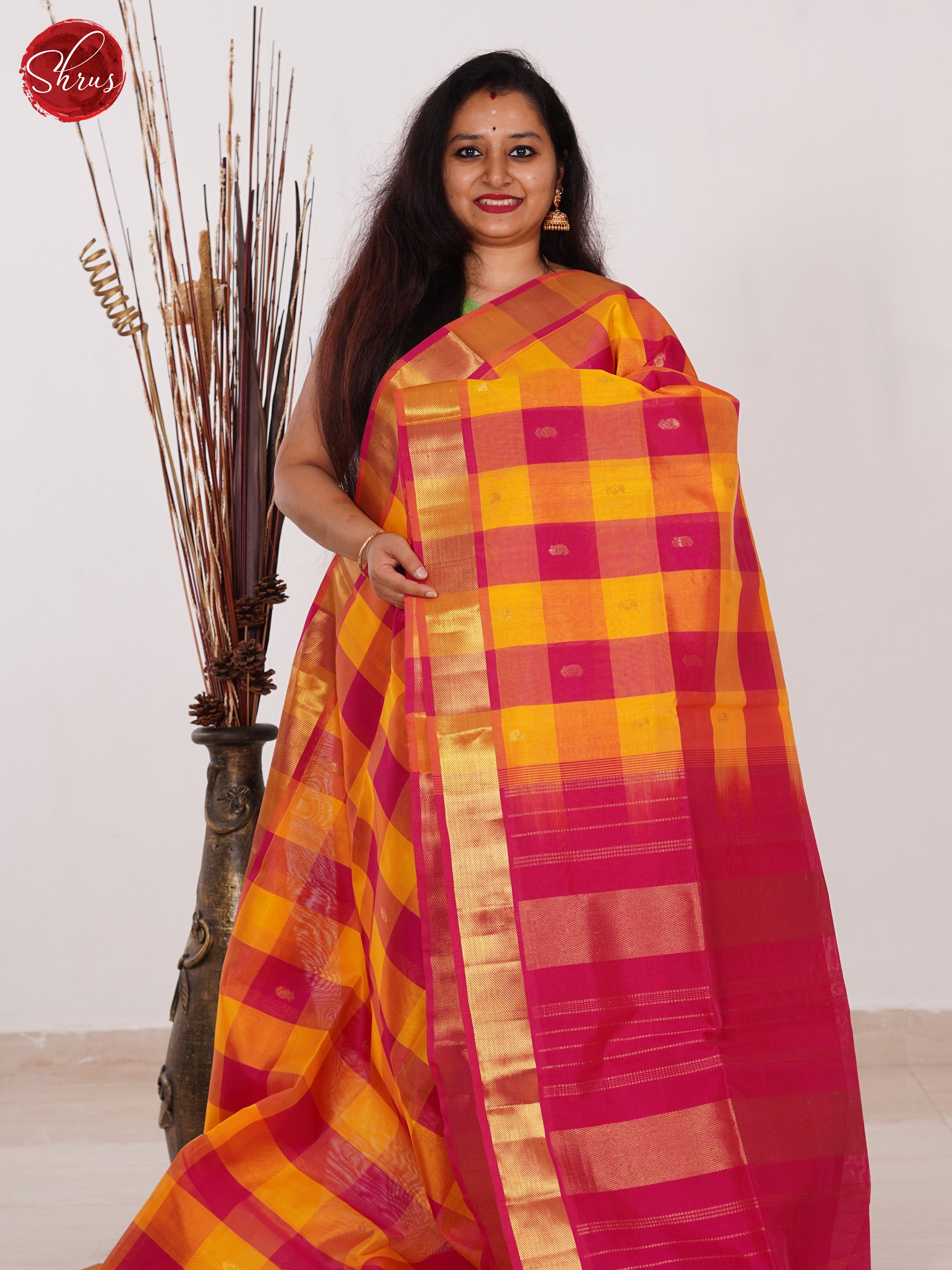 Yellow & Pink - Silk Cotton Saree - Shop on ShrusEternity.com