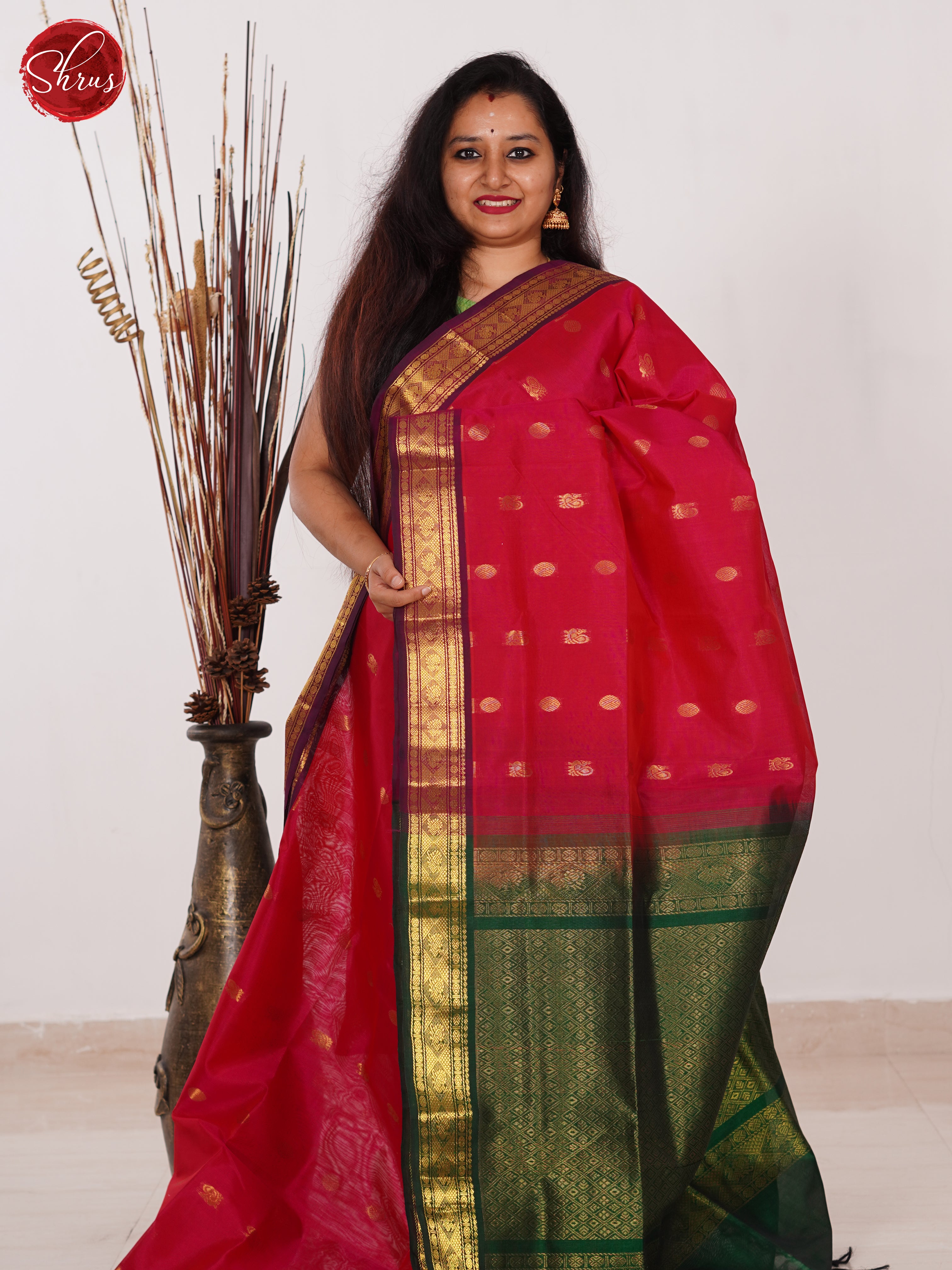 Rani Pink & Green- Silk Cotton Saree - Shop on ShrusEternity.com