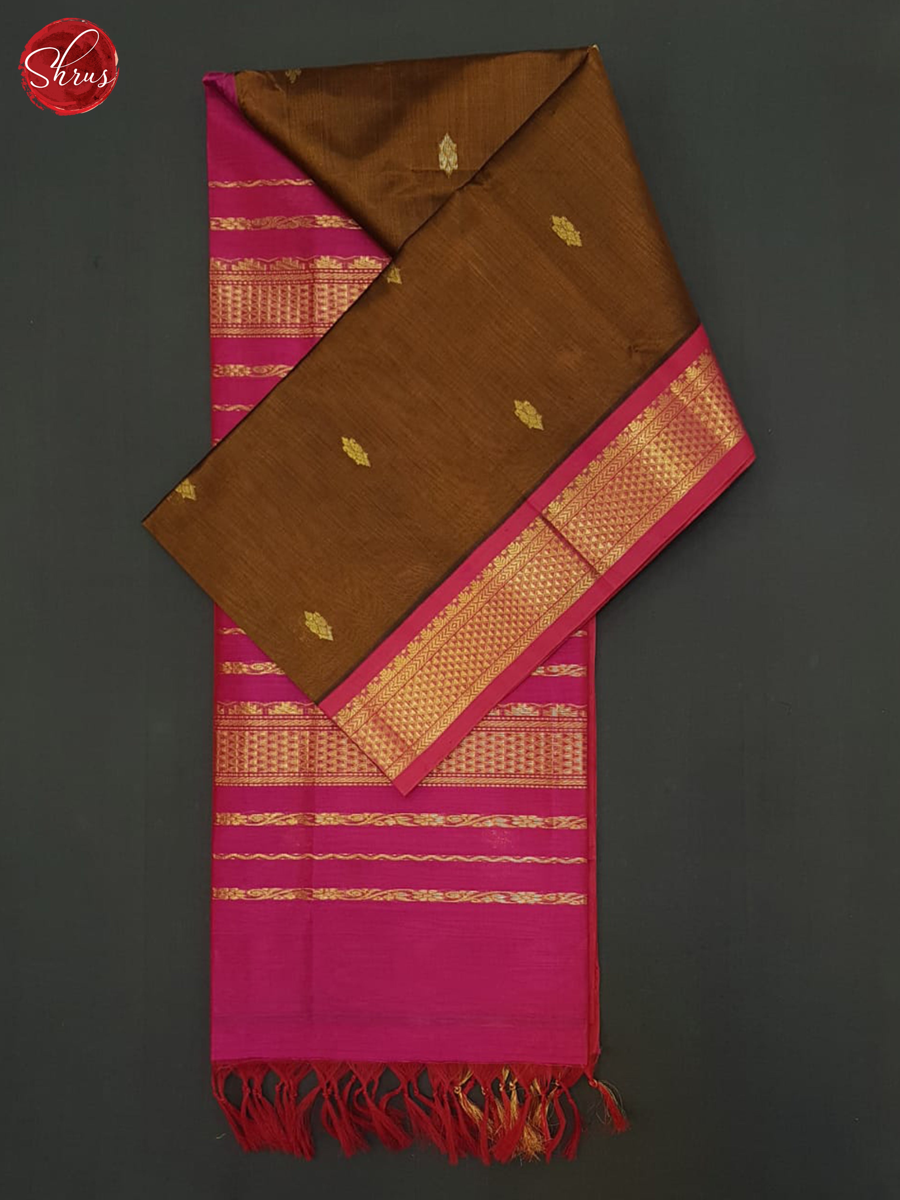 Brown & Pink  - Silk Cotton Saree - Shop on ShrusEternity.com