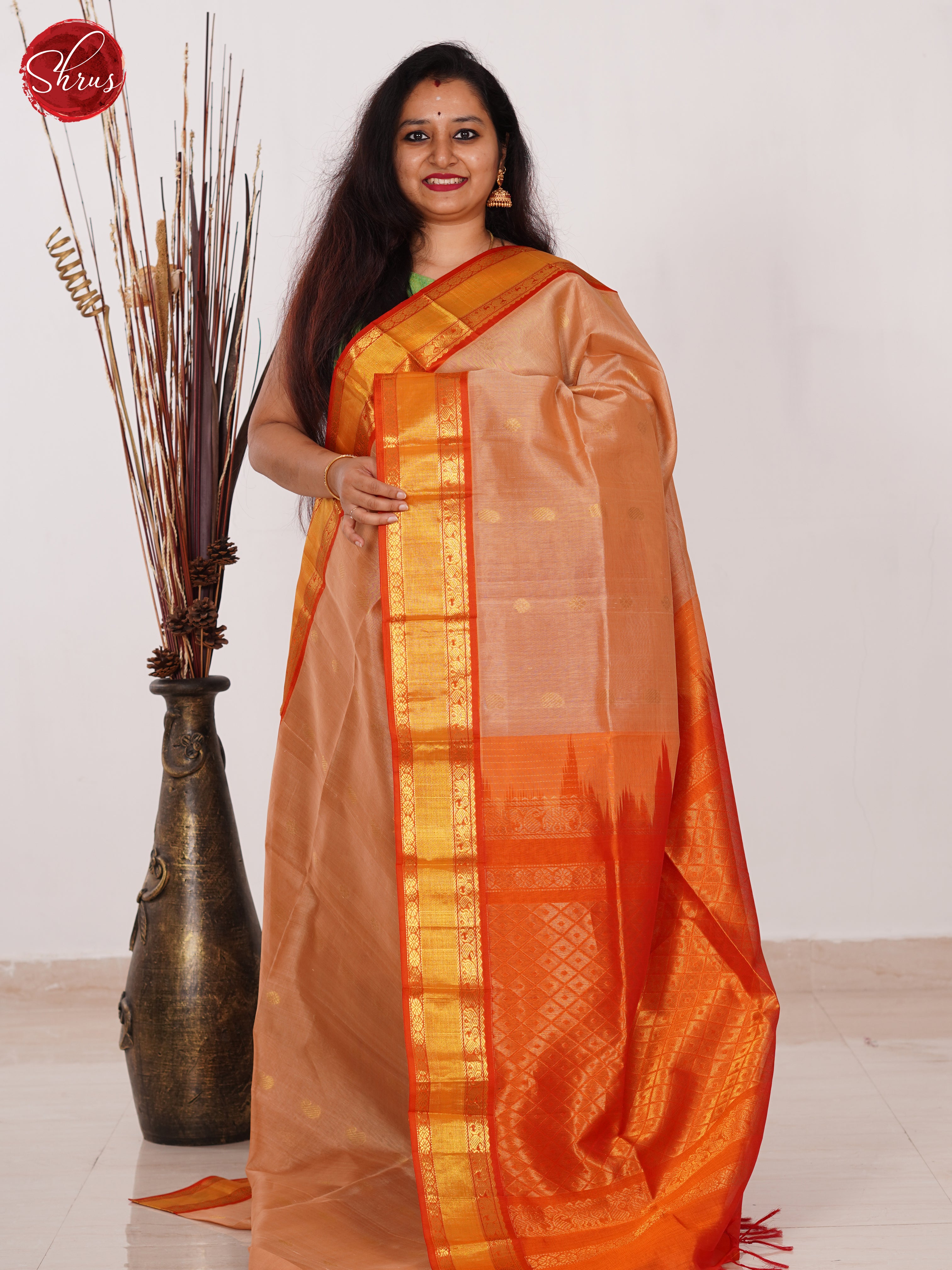 Beige & Orange- Silk Cotton Saree - Shop on ShrusEternity.com