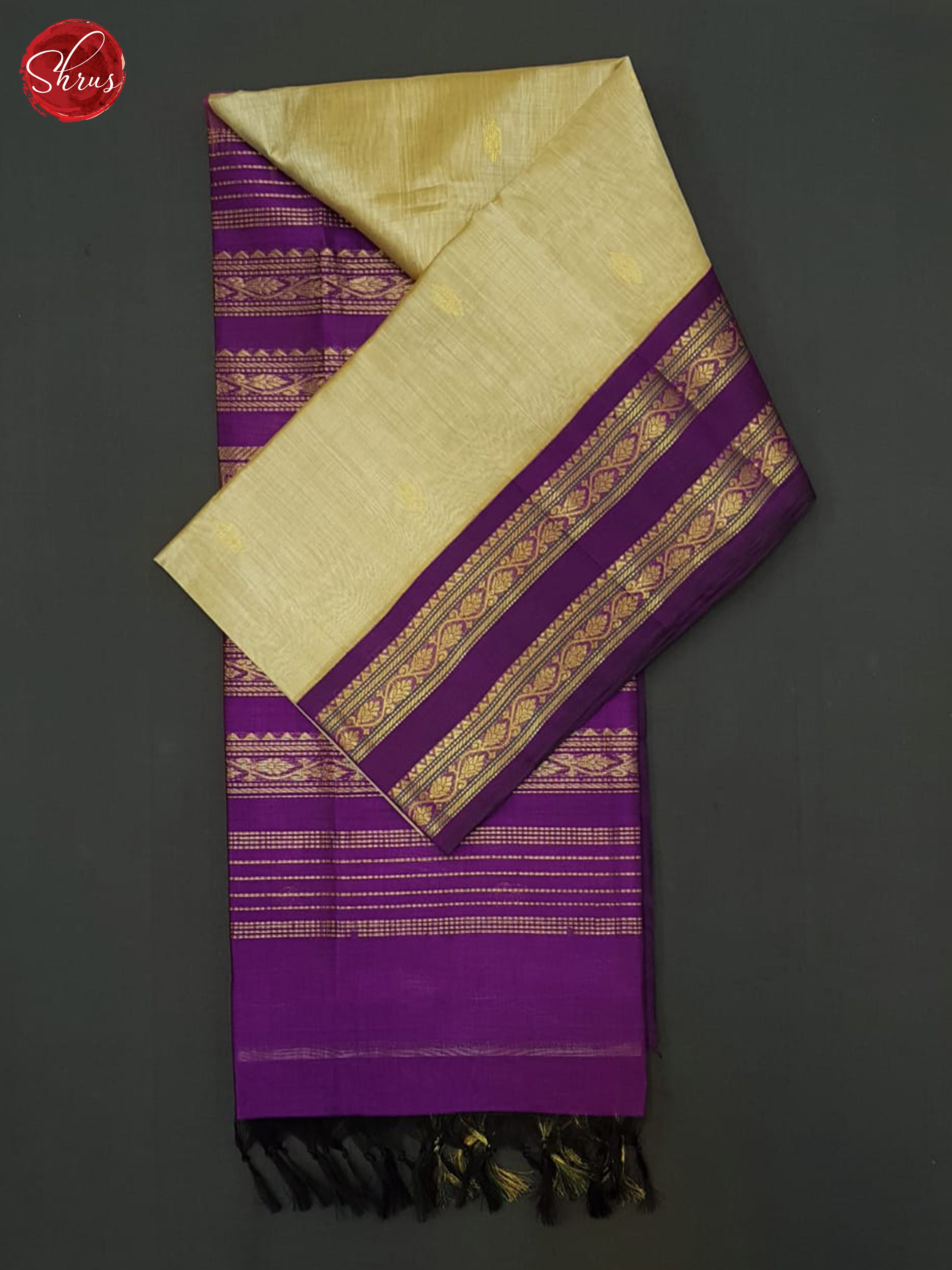 Beige &  Purple  - Silk Cotton Saree - Shop on ShrusEternity.com