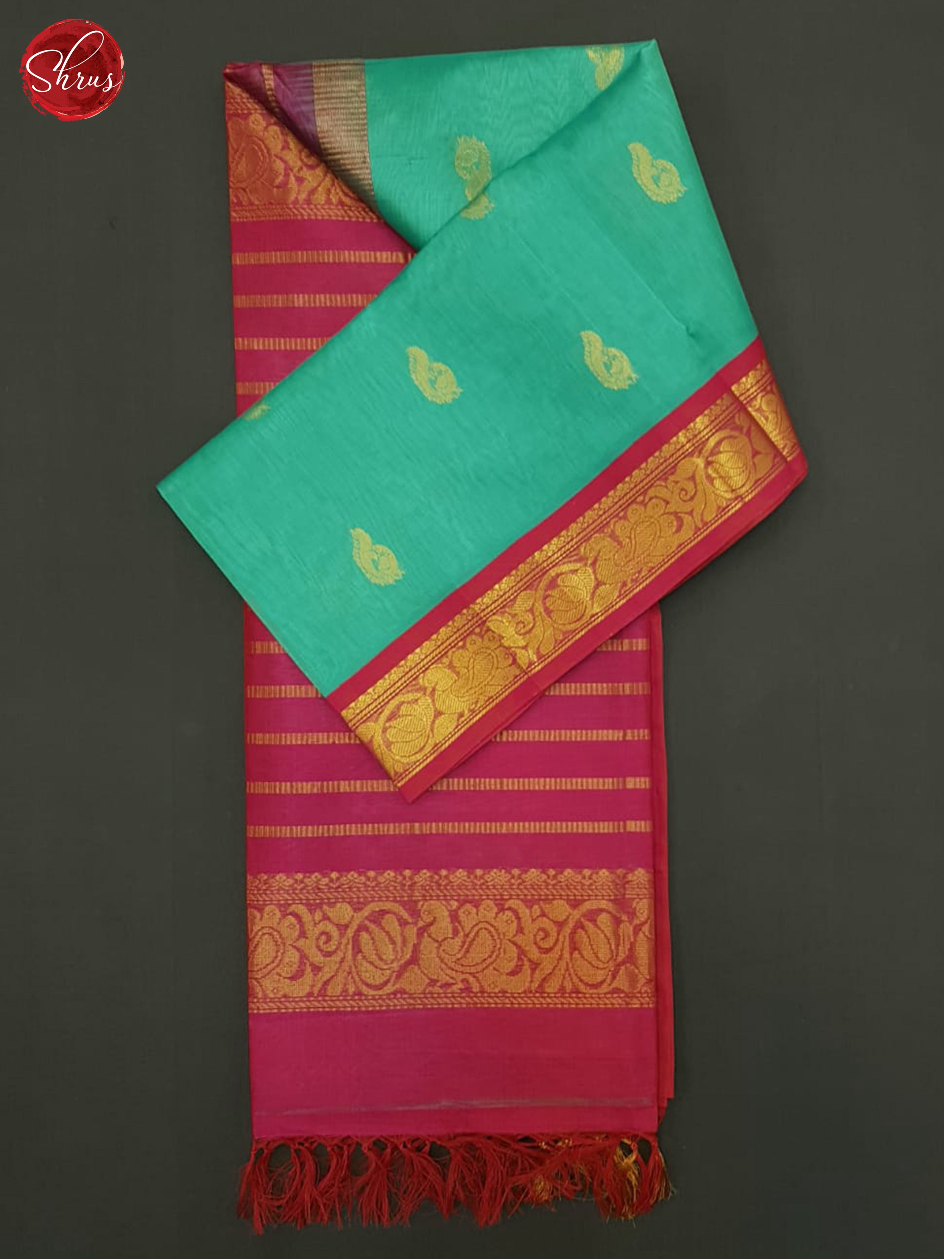 Teal Blue & Pink  - Silk Cotton Saree - Shop on ShrusEternity.com