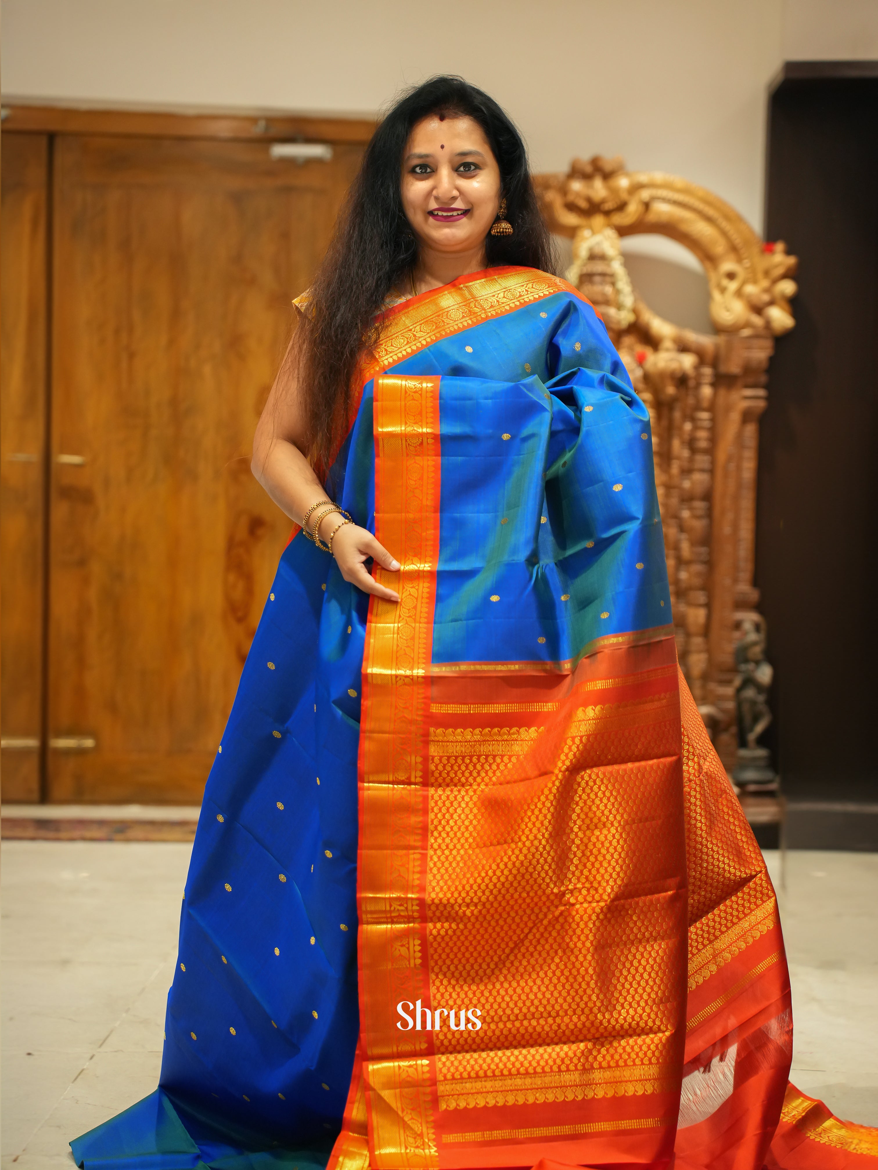 Blue And Orange - Korvai Kanchipuram Silk Saree