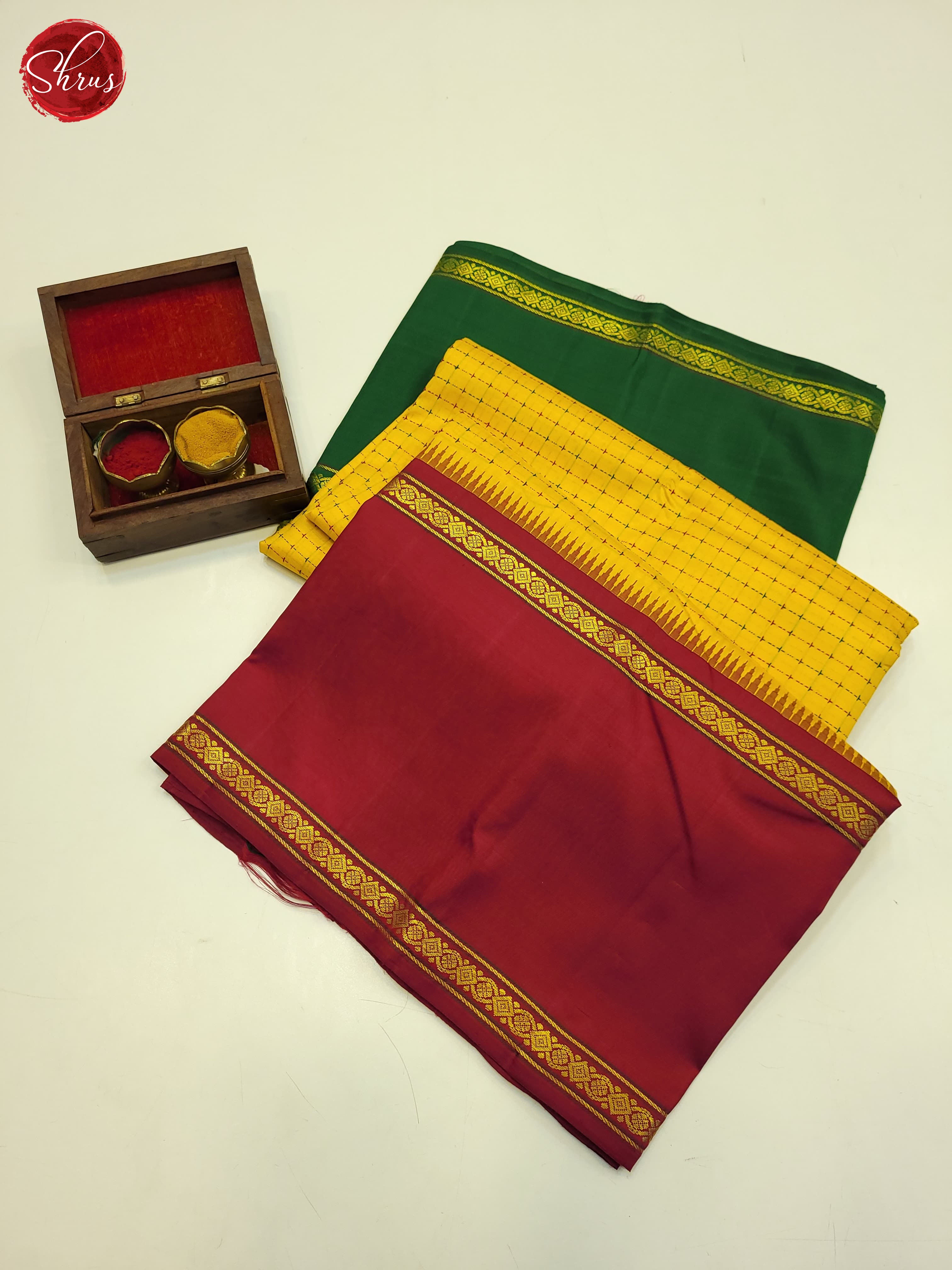 Yellow Red and Green-Kanchipuram Silk saree - Shop on ShrusEternity.com