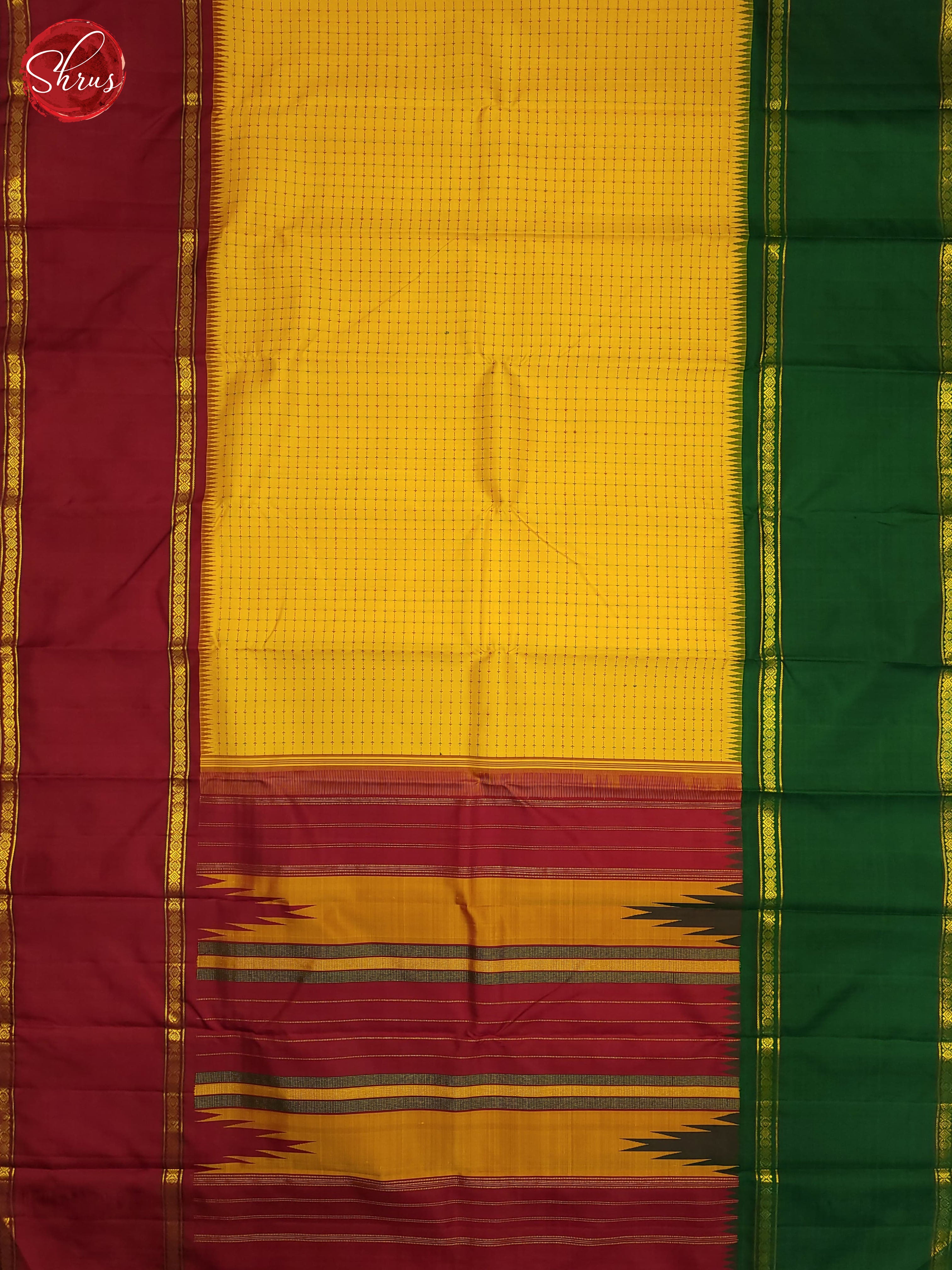 Yellow Red and Green-Kanchipuram Silk saree - Shop on ShrusEternity.com