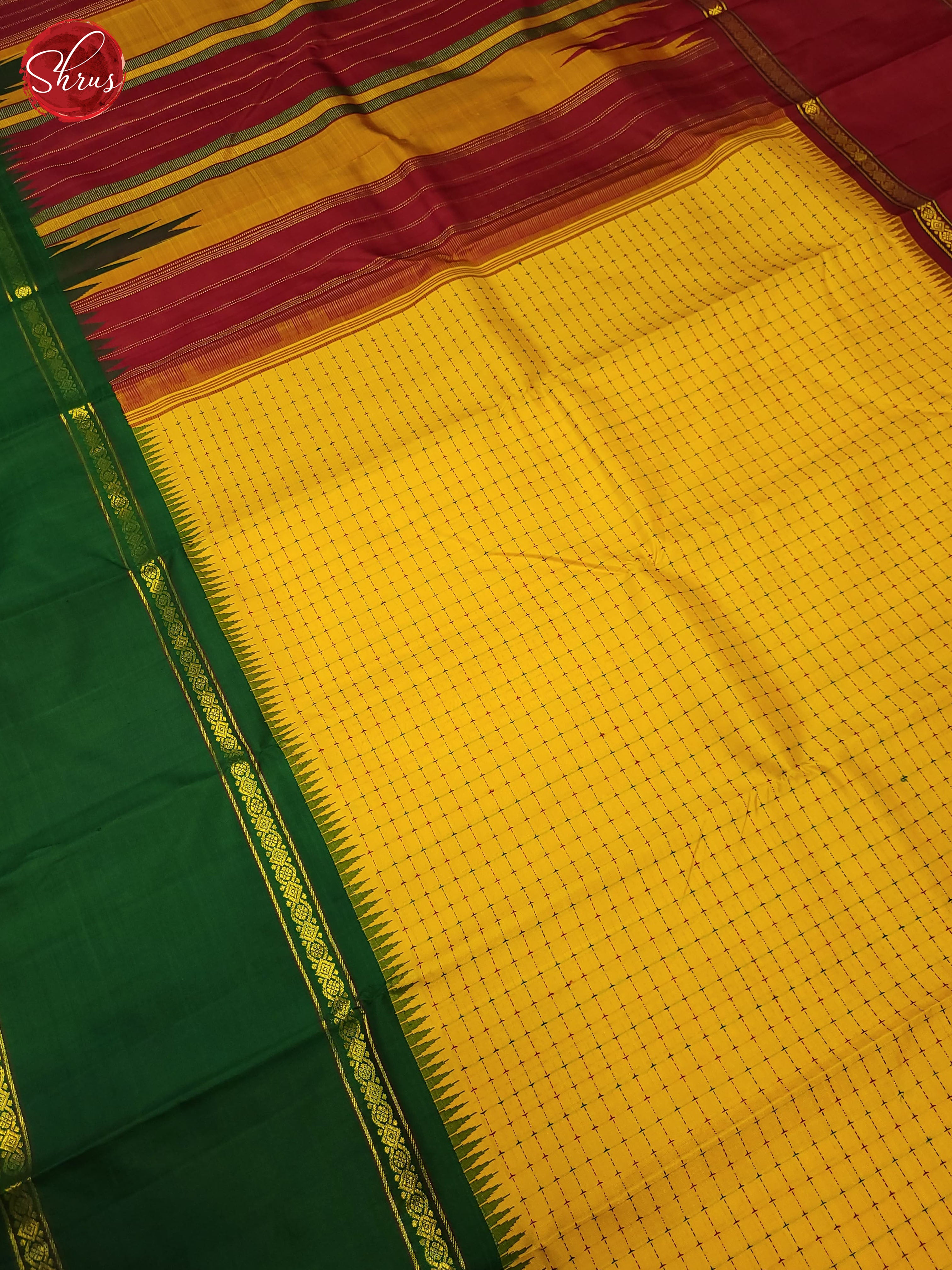 Yellow Red and Green-Kanchipuram Silk saree - Shop on ShrusEternity.com