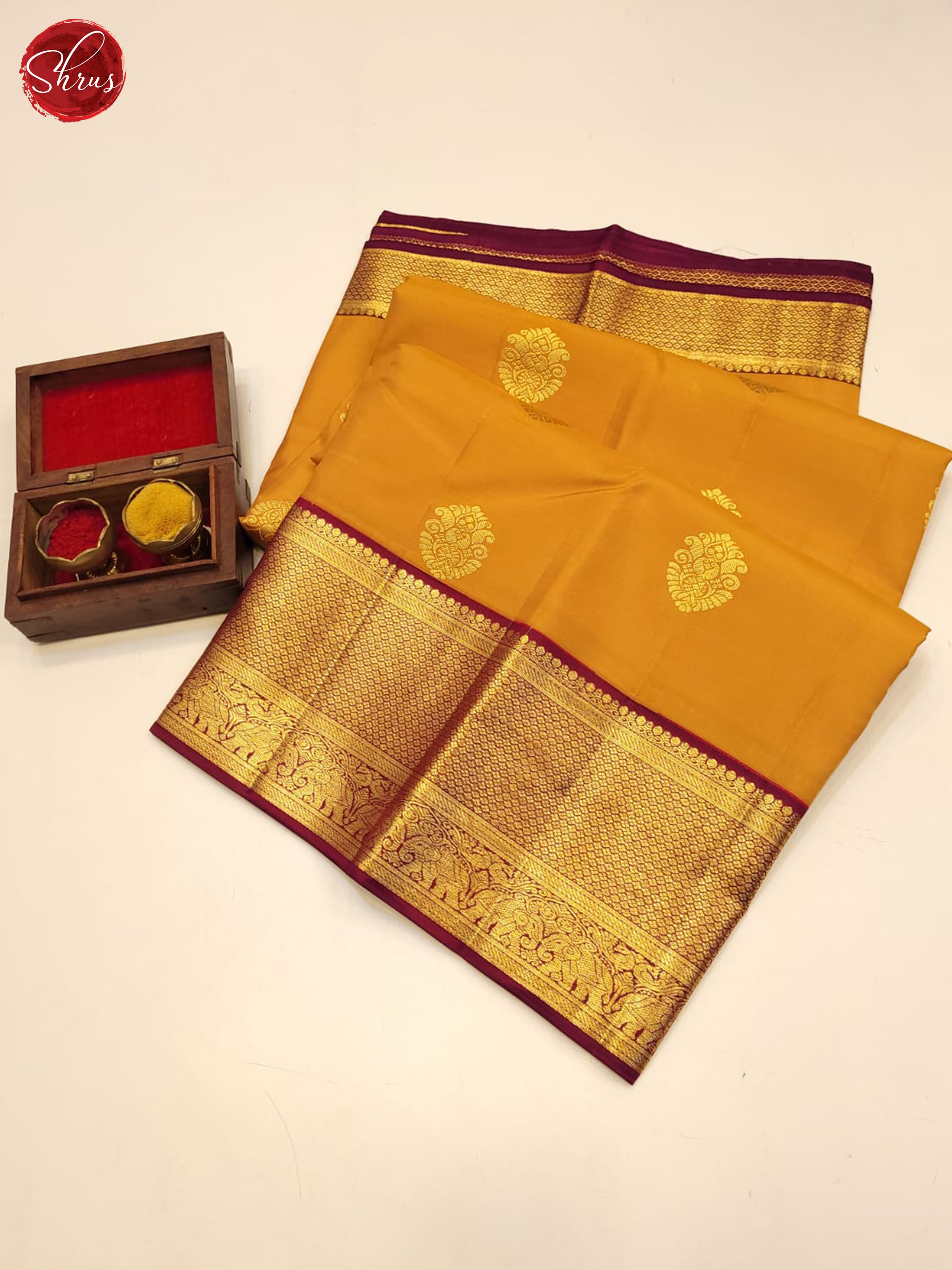 Mustard & Maroon - Kanchipuram silk Saree - Shop on ShrusEternity.com