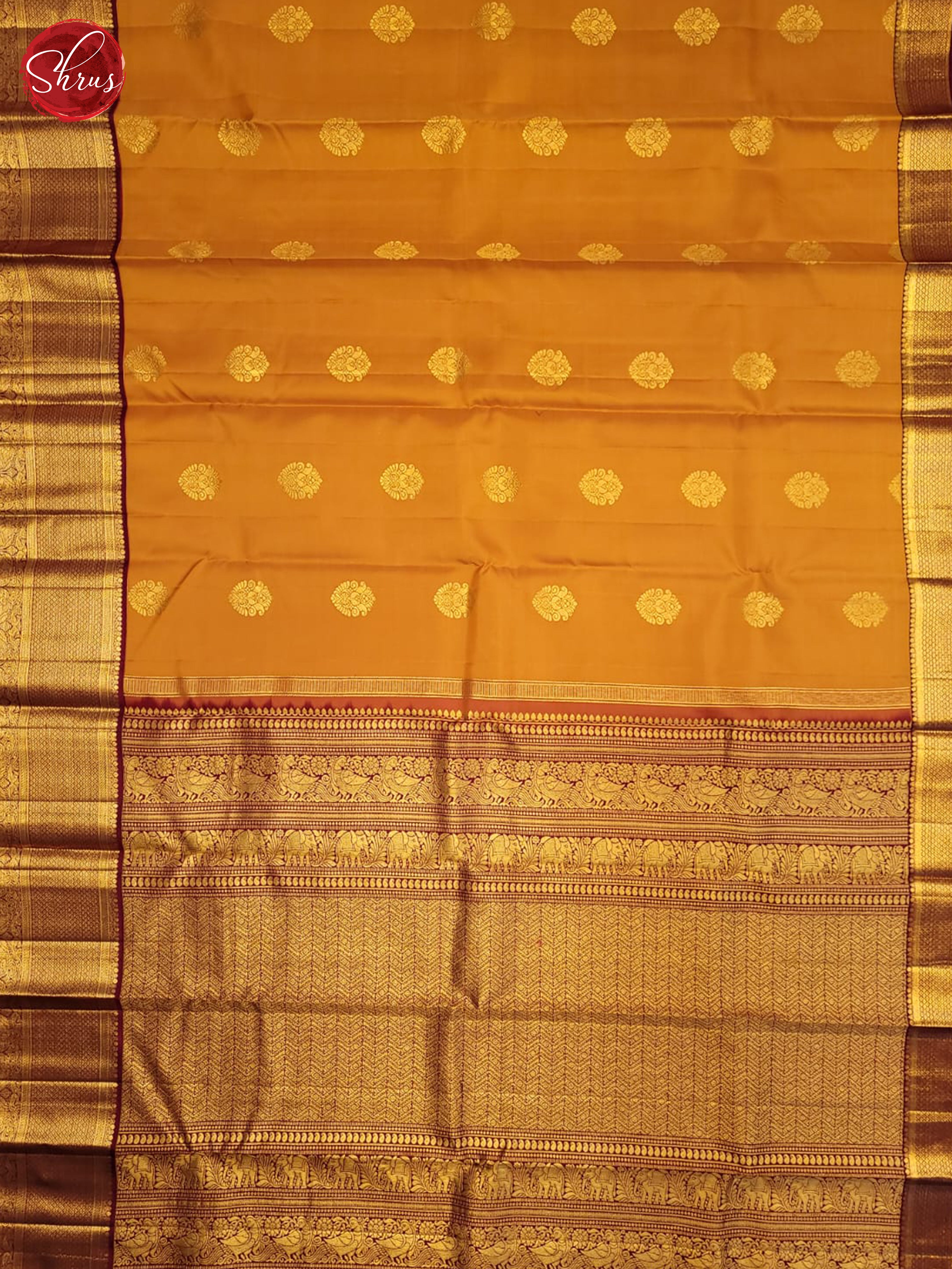 Mustard & Maroon - Kanchipuram silk Saree - Shop on ShrusEternity.com