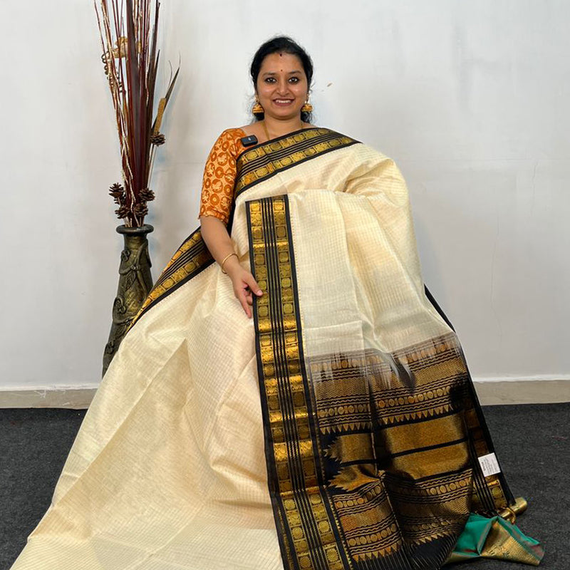 cream colored silk saree with black & gold border & matching checked blouse  | Bollywood designer sarees, Indian beauty saree, Designer sarees online  shopping