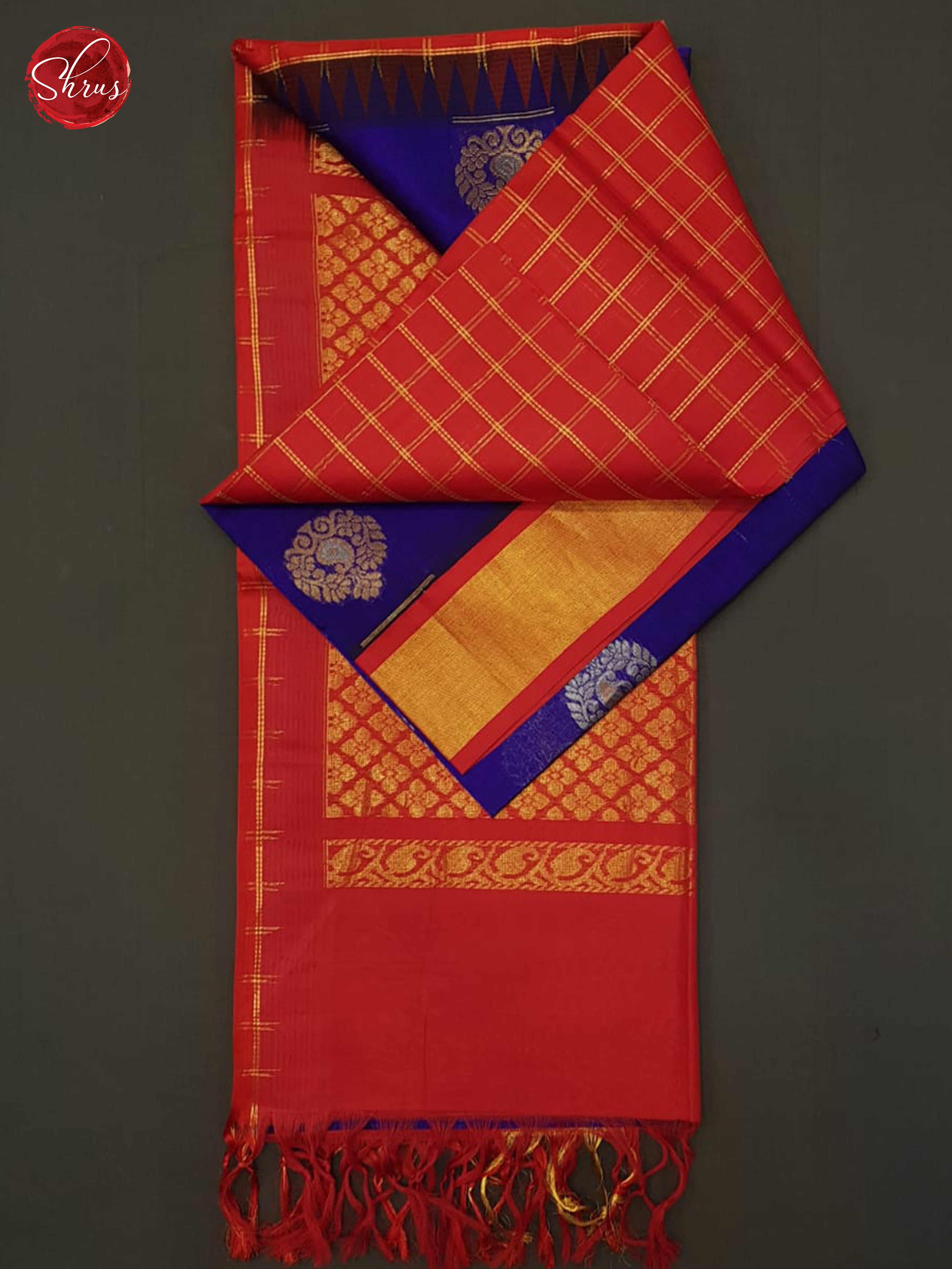 Blue and Red - Silk Cotton Saree - Shop on ShrusEternity.com