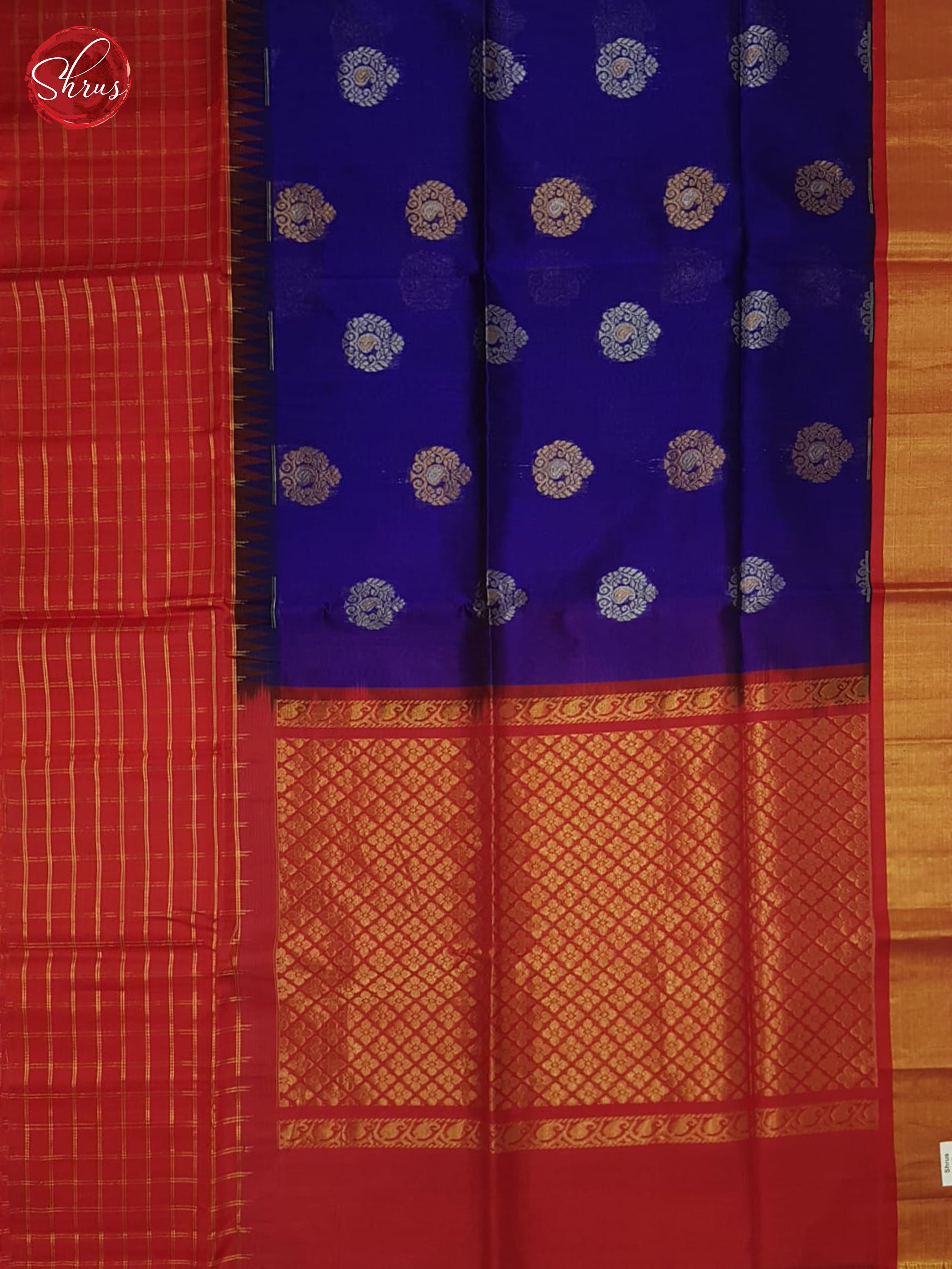 Blue and Red - Silk Cotton Saree - Shop on ShrusEternity.com