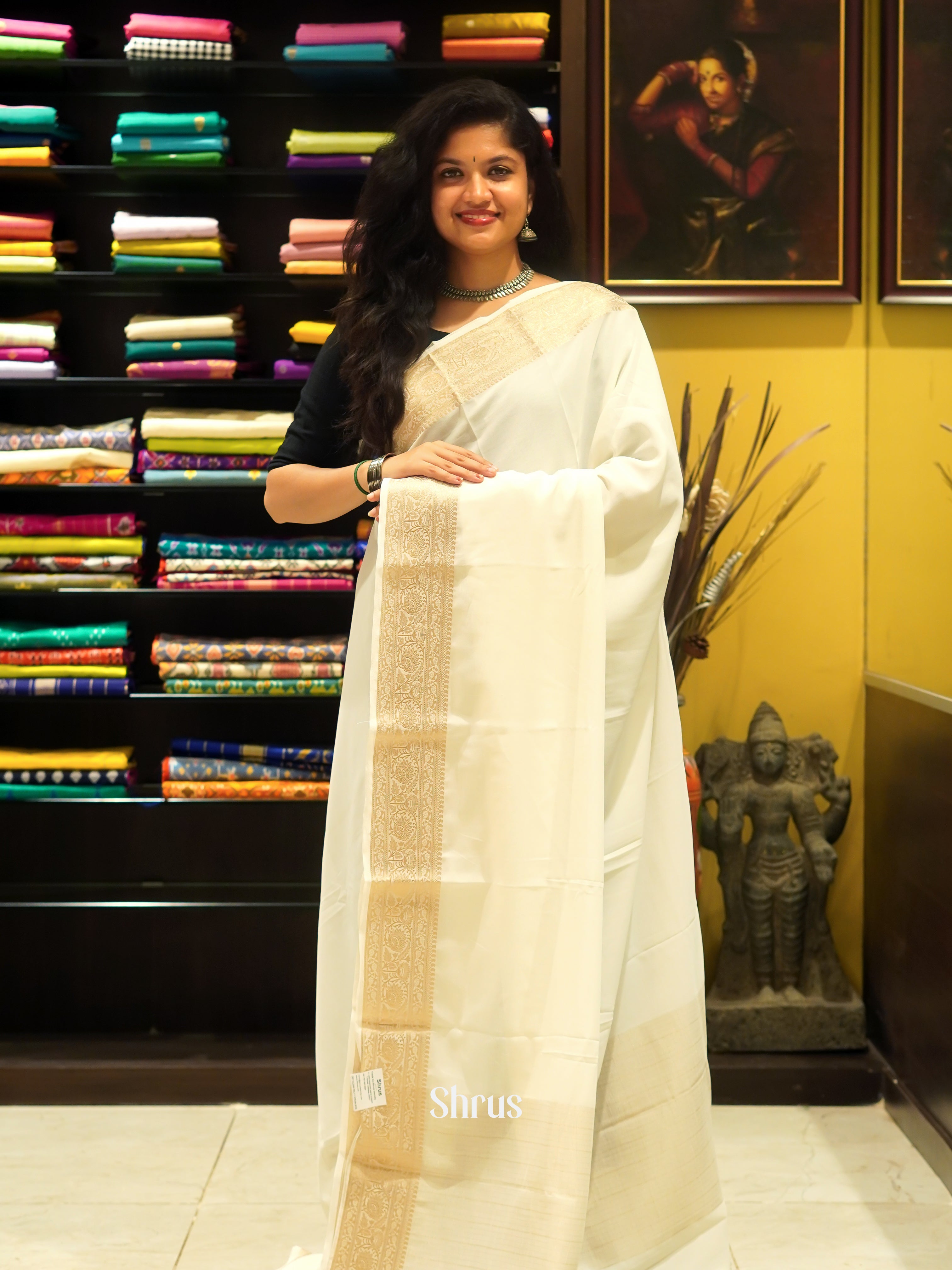 Cream(single Tone) - Semi Georgette Saree