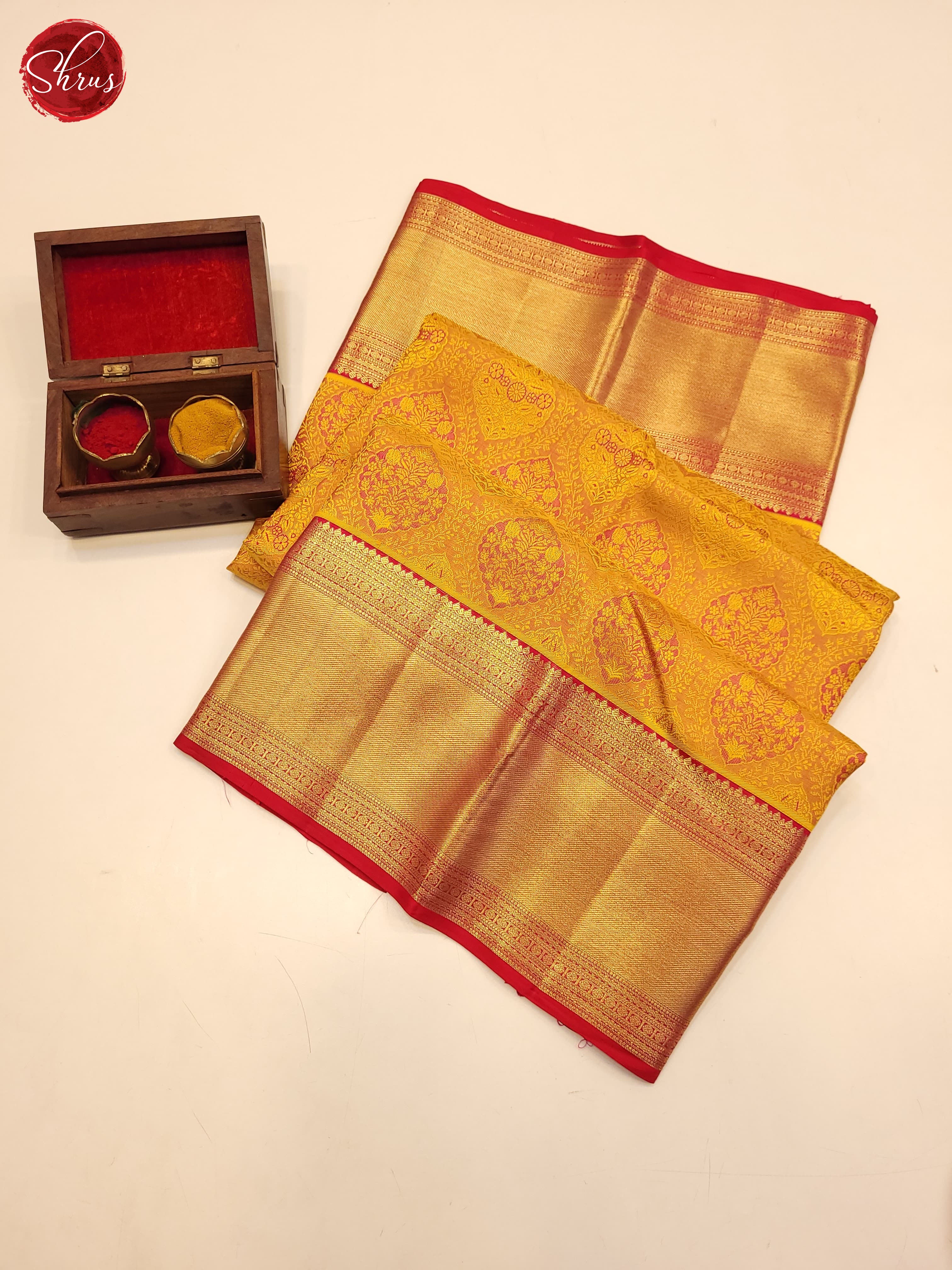 Yellow and Red-Kanchipuram silk saree - Shop on ShrusEternity.com