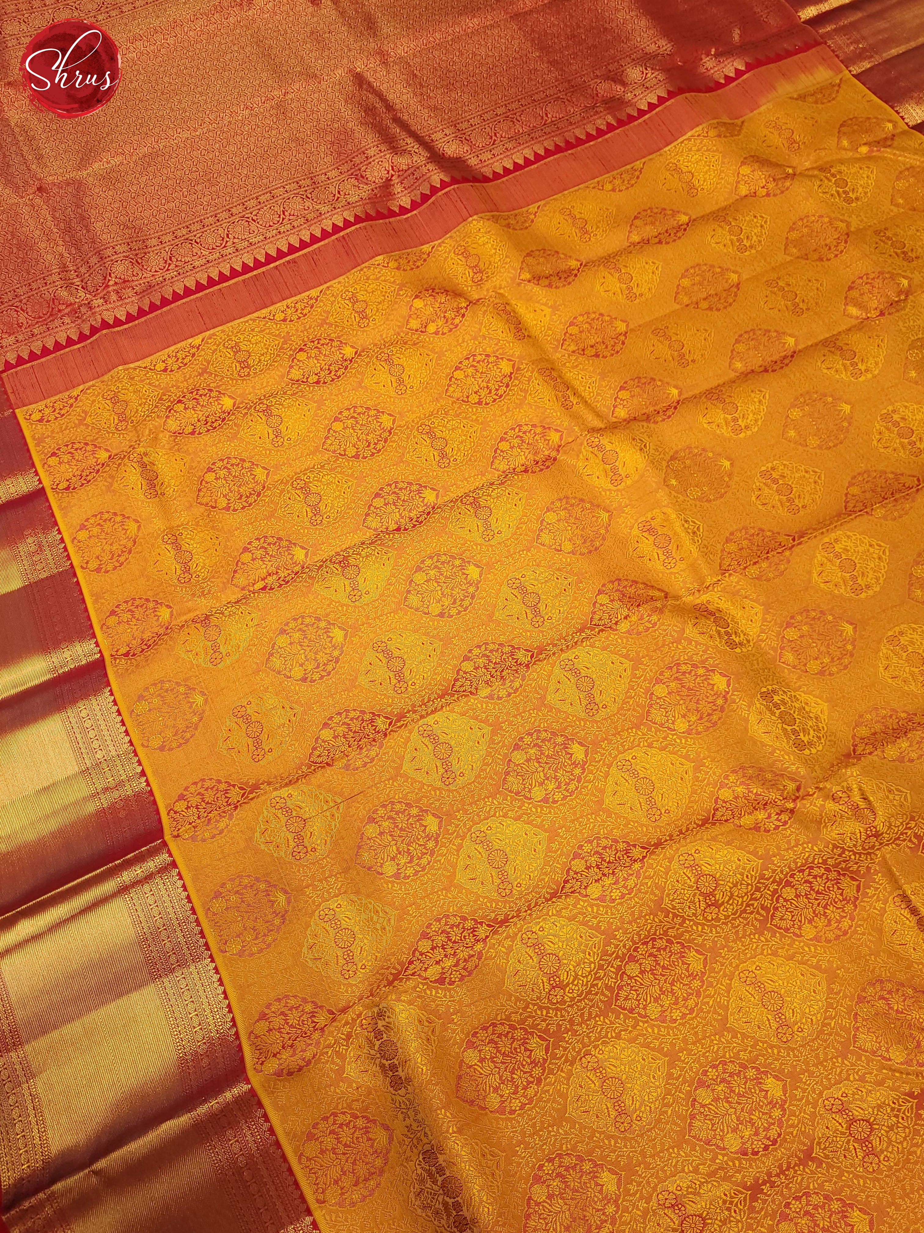 Yellow and Red-Kanchipuram silk saree - Shop on ShrusEternity.com