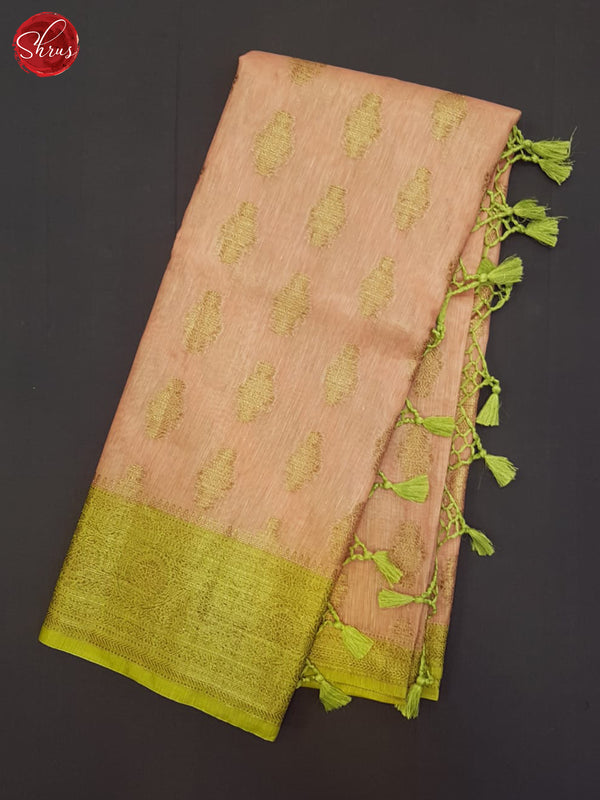 Peachish Pink  & Green - Muslin Silk Saree - Shop on ShrusEternity.com