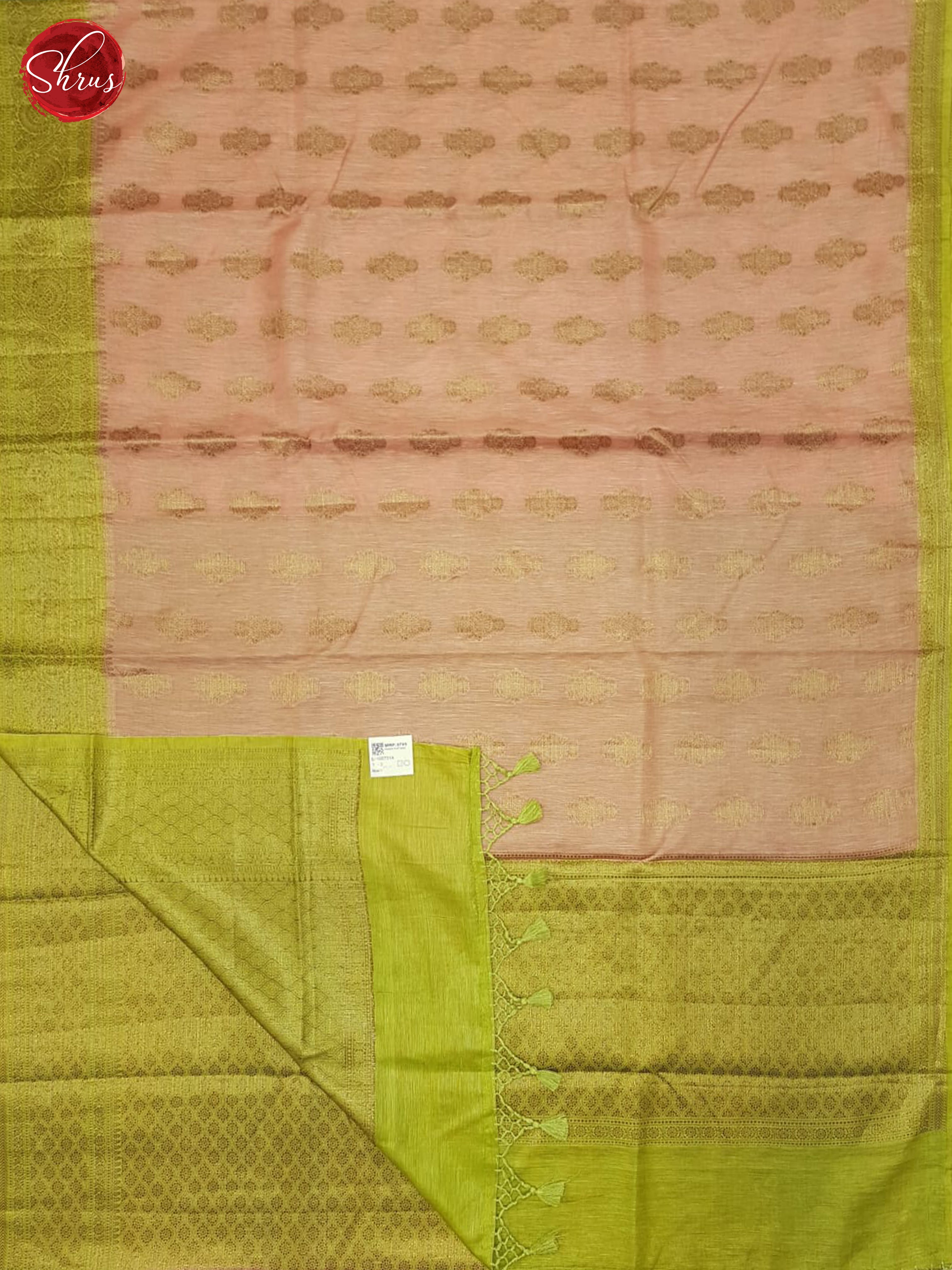 Peachish Pink  & Green - Muslin Silk Saree - Shop on ShrusEternity.com
