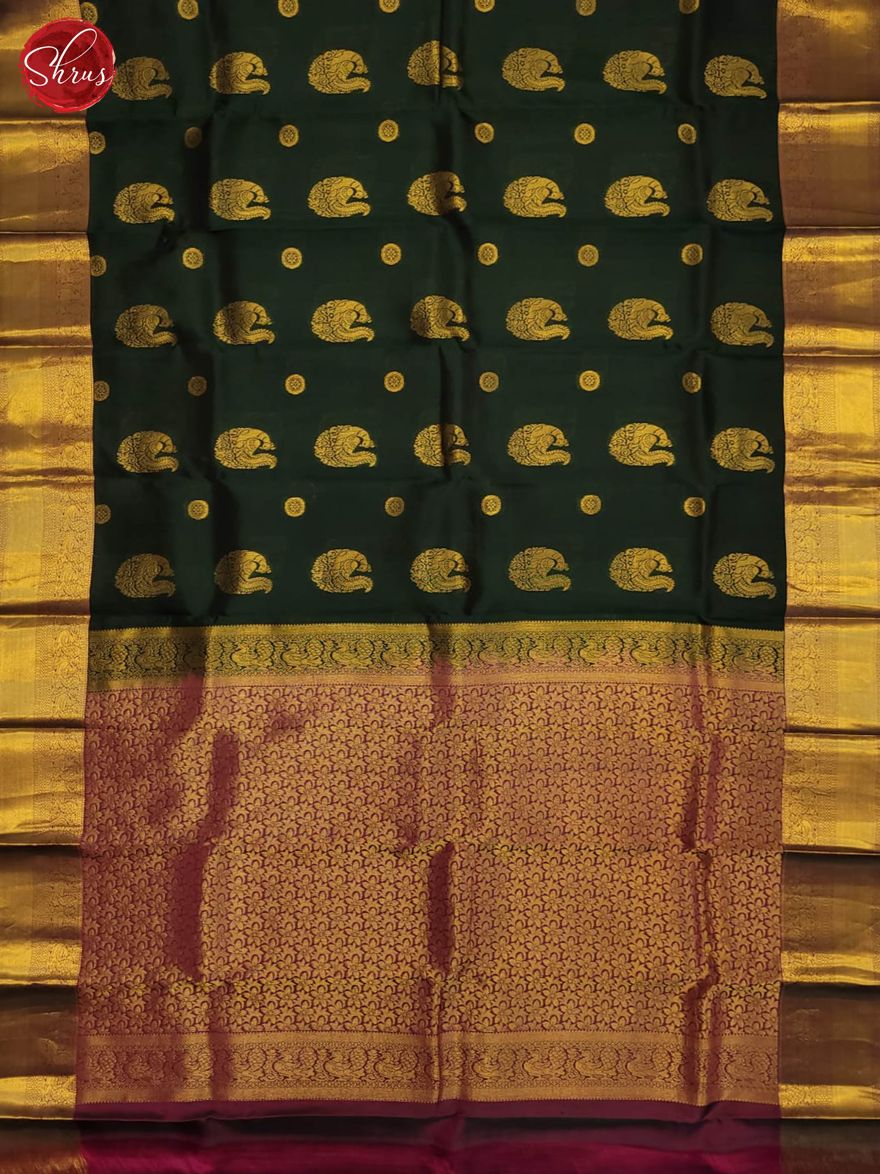 Bottle green and wine- Kanchipuram half-pure Silk saree - Shop on ShrusEternity.com