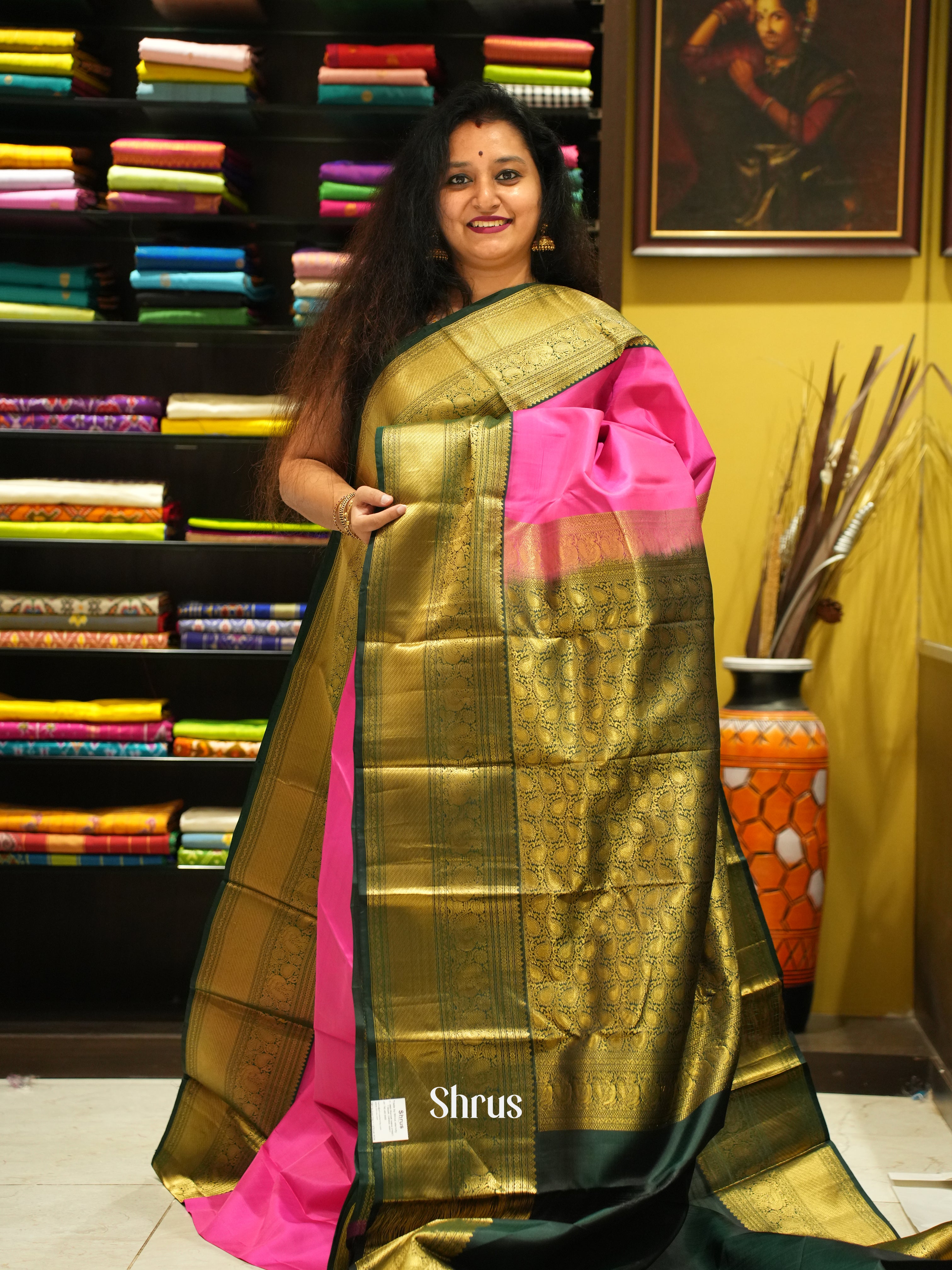 pink and Bottle Green - Korvai Kanchipuram silk saree