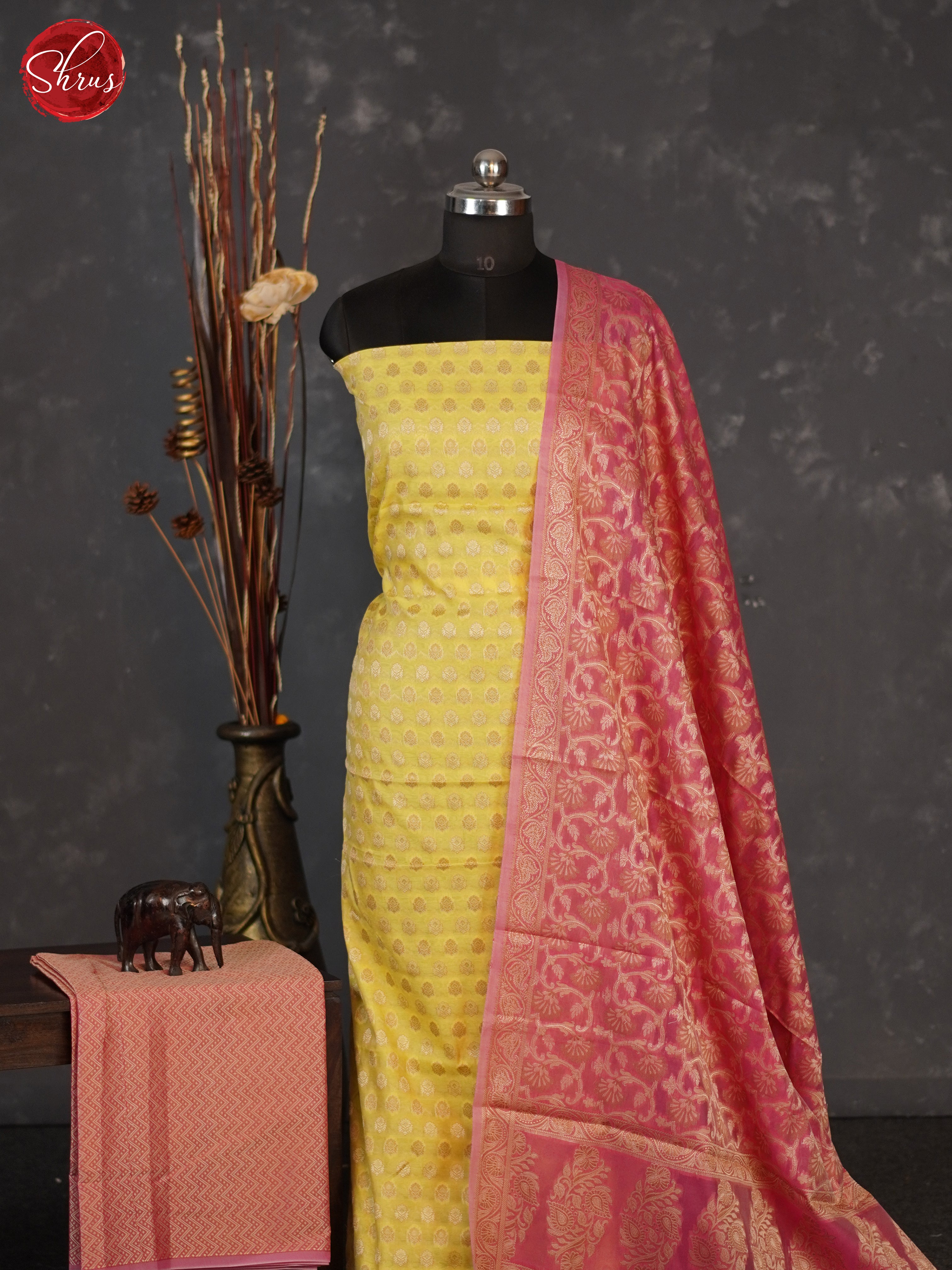 Yellow & Reddish Pink - Semi banaras salwar - Shop on ShrusEternity.com