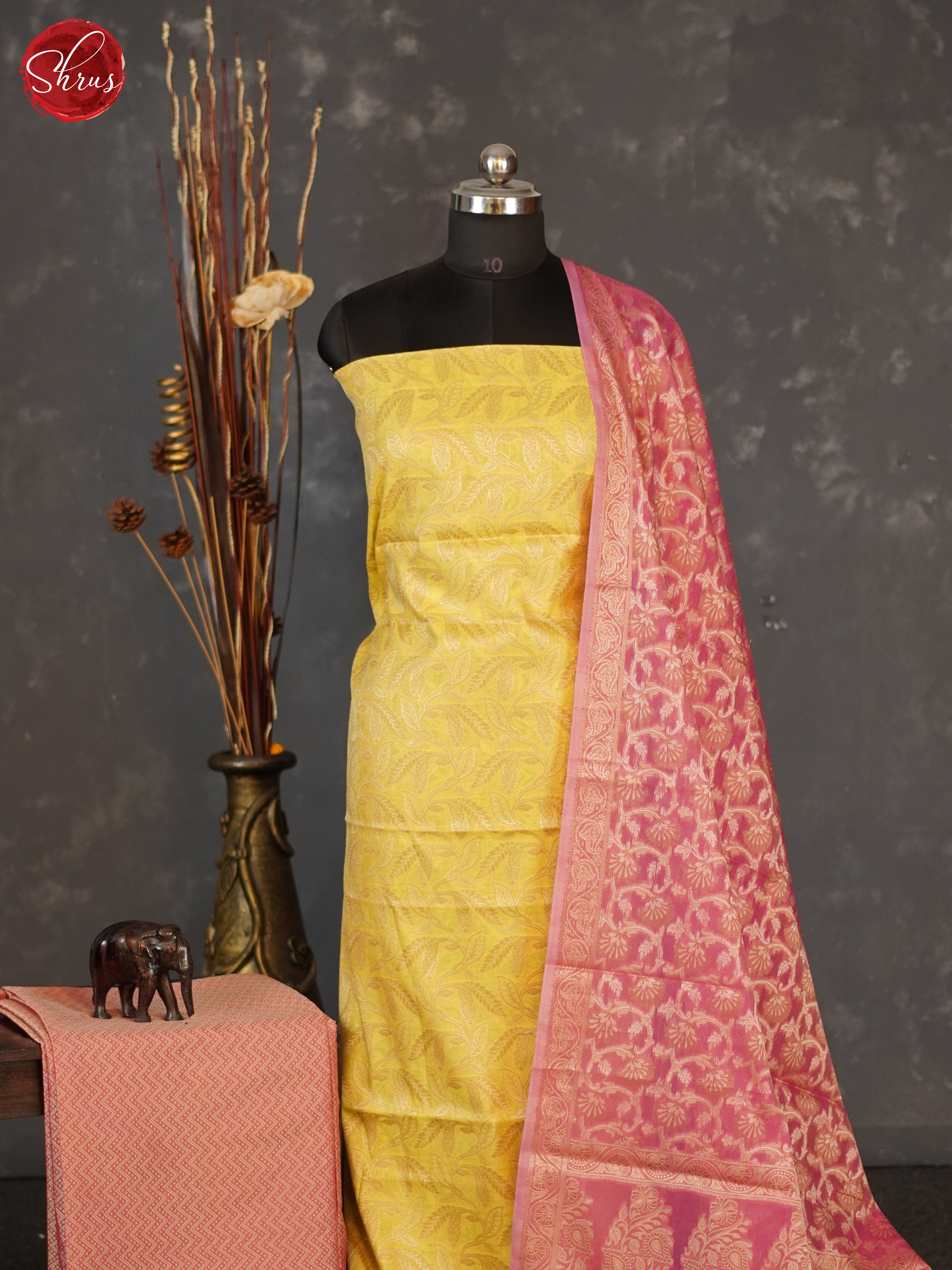 Yellow & Pink - Semi banaras salwar - Shop on ShrusEternity.com