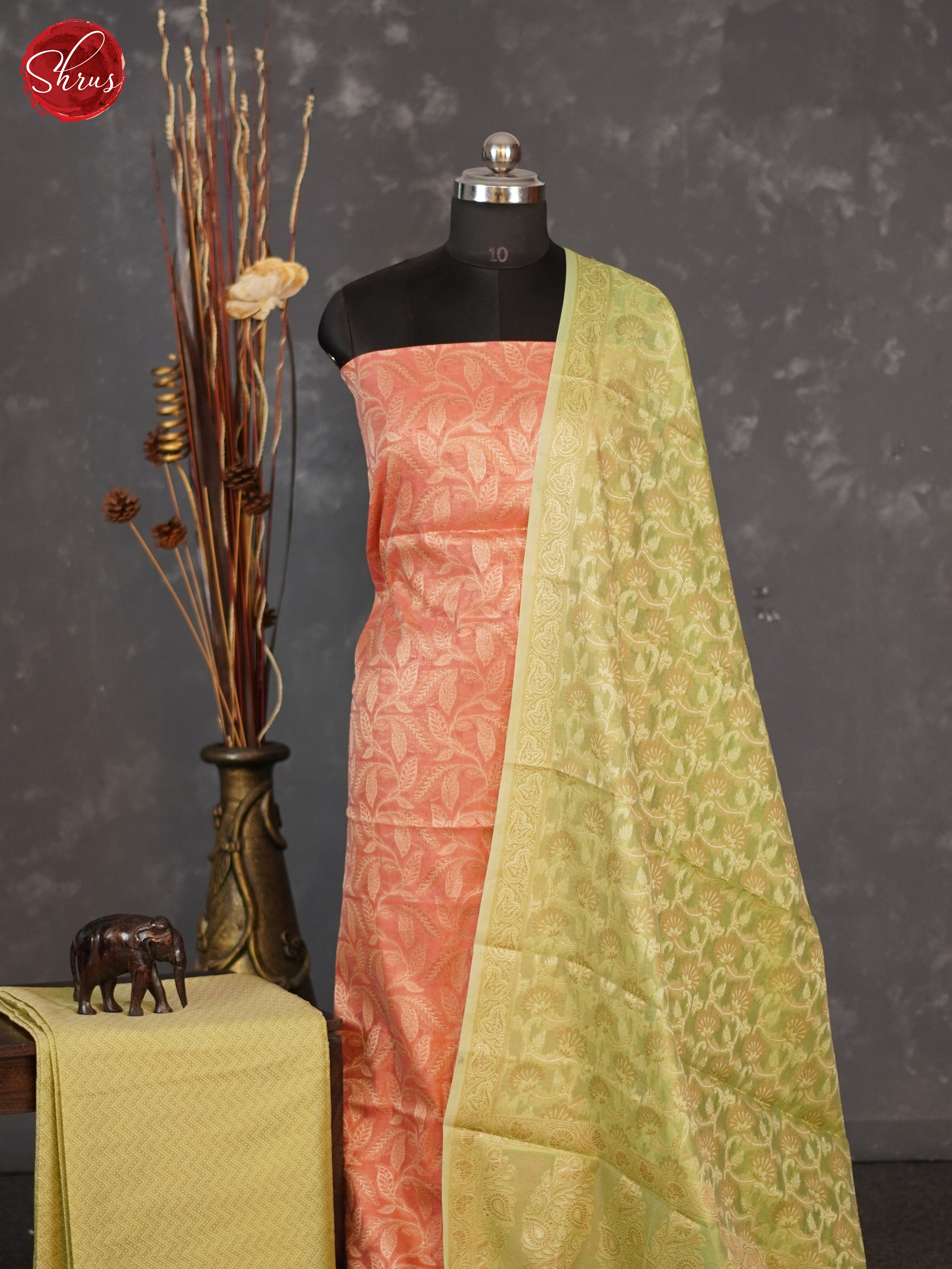 Peachish Pink & Green- Semi banaras salwar - Shop on ShrusEternity.com