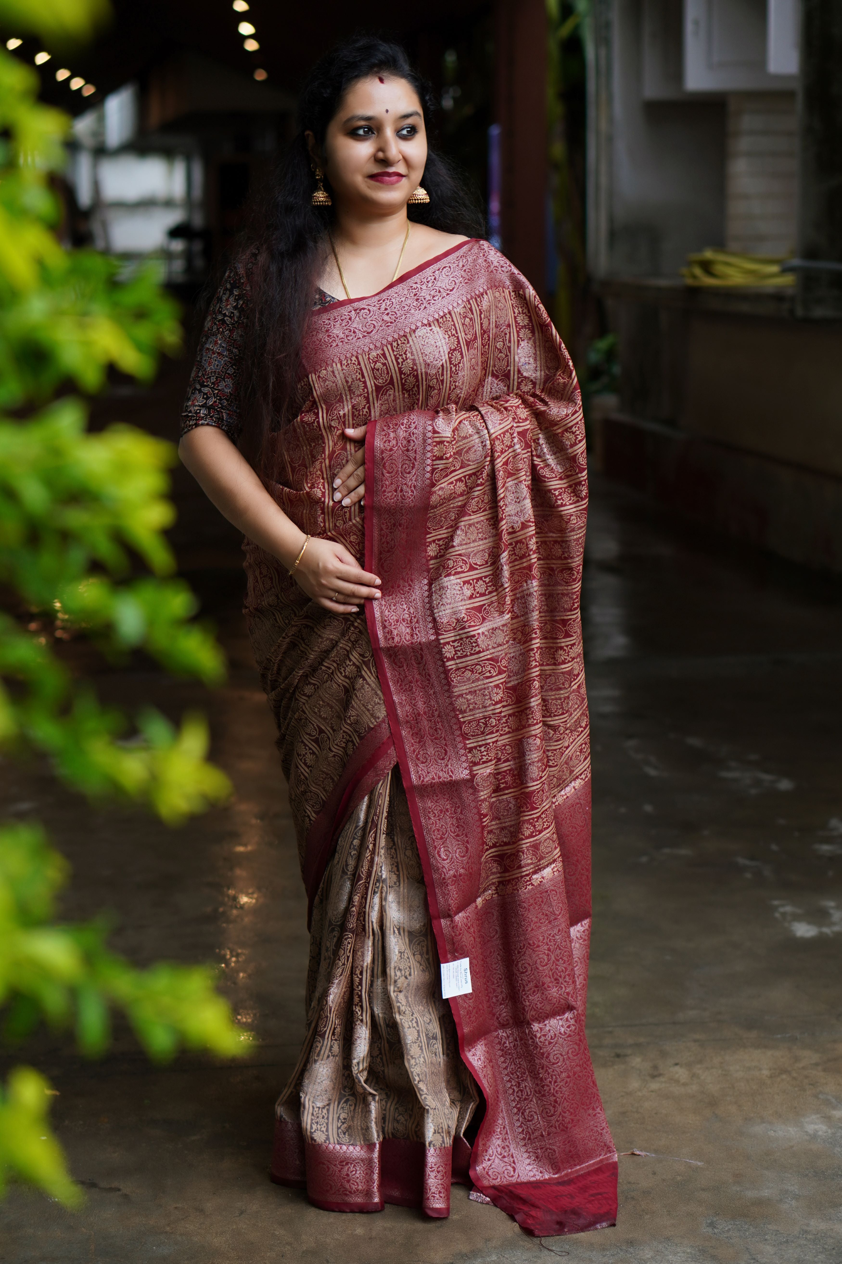 Maroon (Single Tone) - Chanderi saree with Block Printing work - Shop on ShrusEternity.com