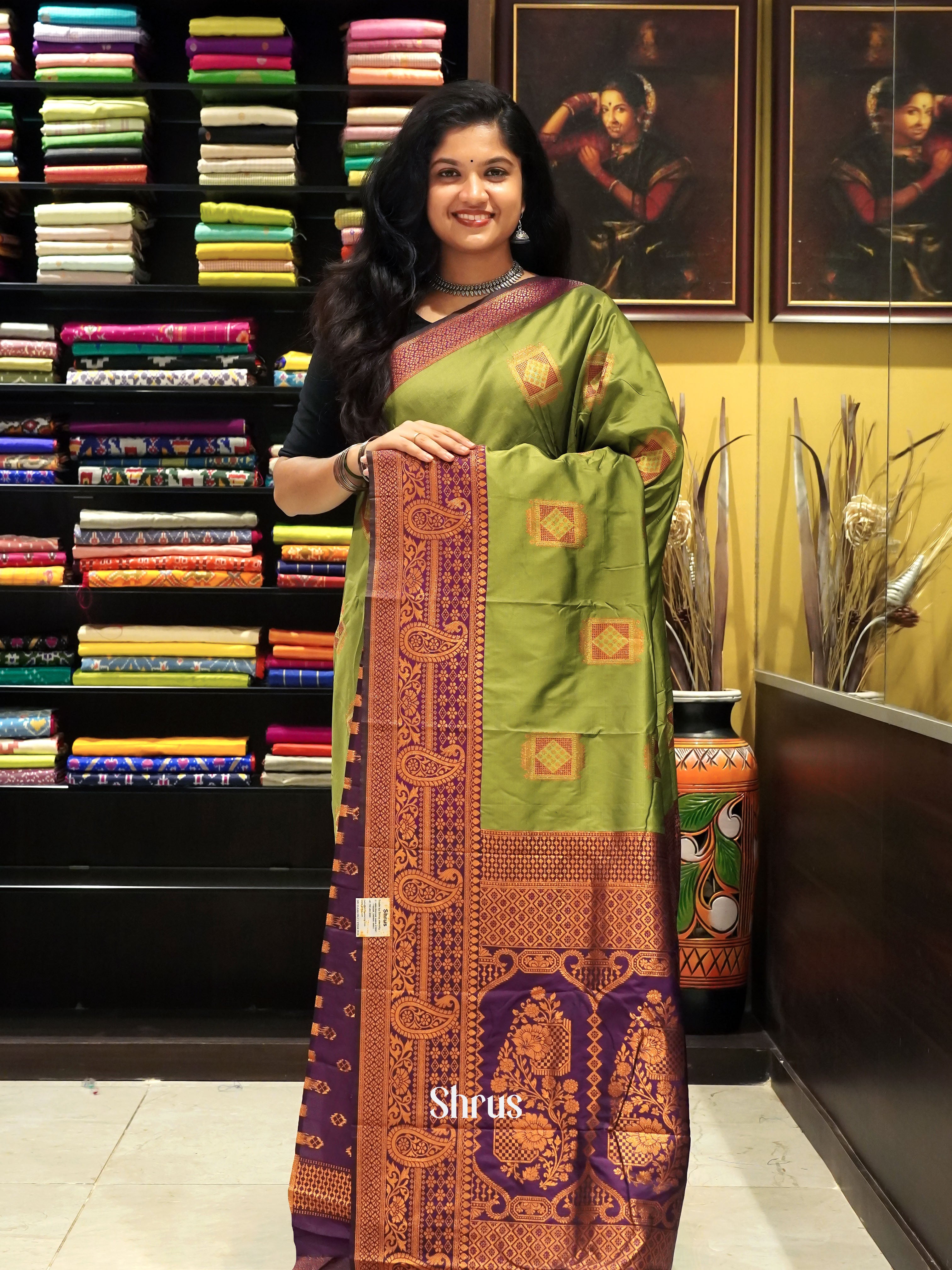 Green & Wine- Semi Softsilk Saree