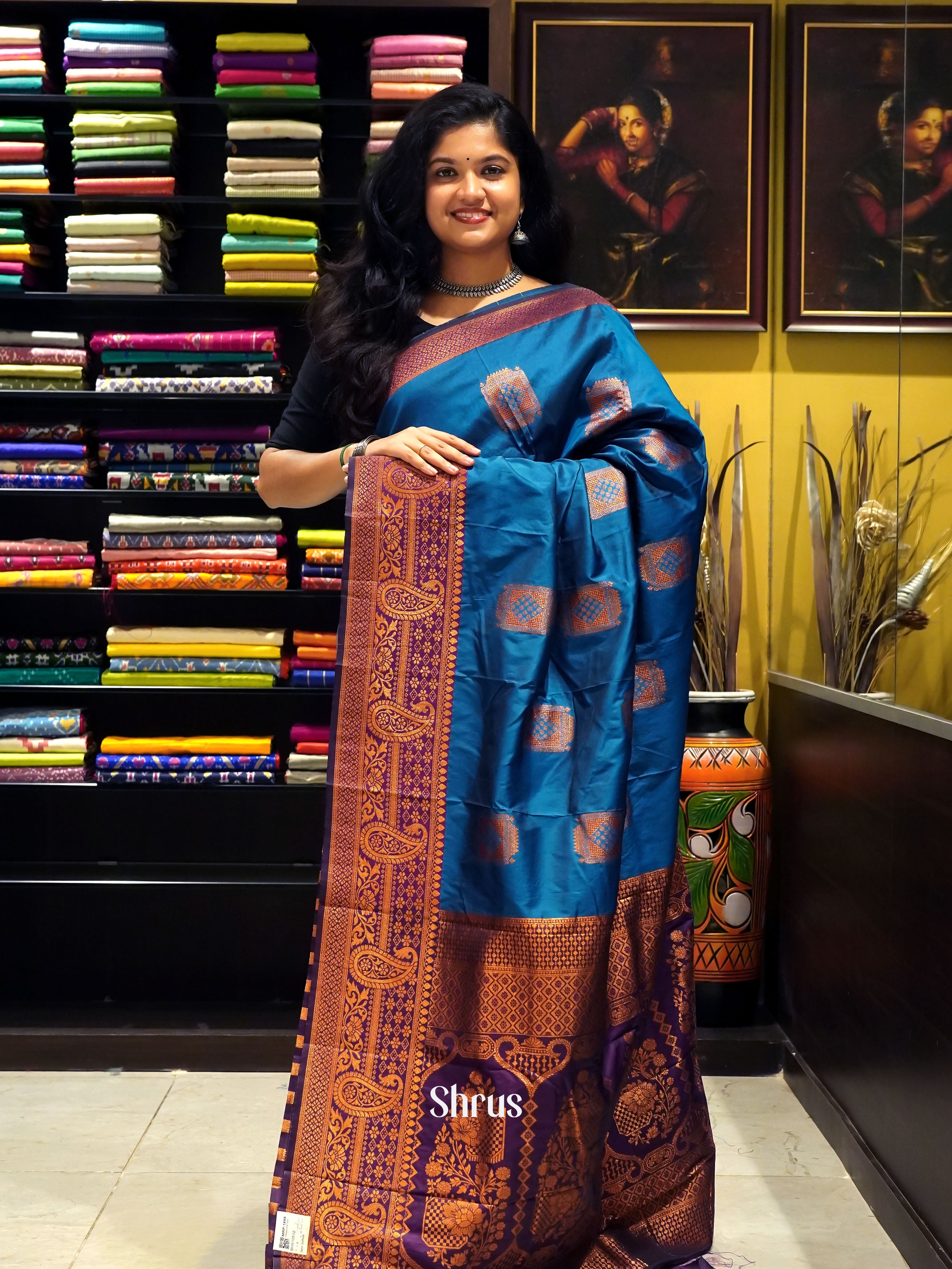 German Blue & Wine- Semi Softsilk Saree