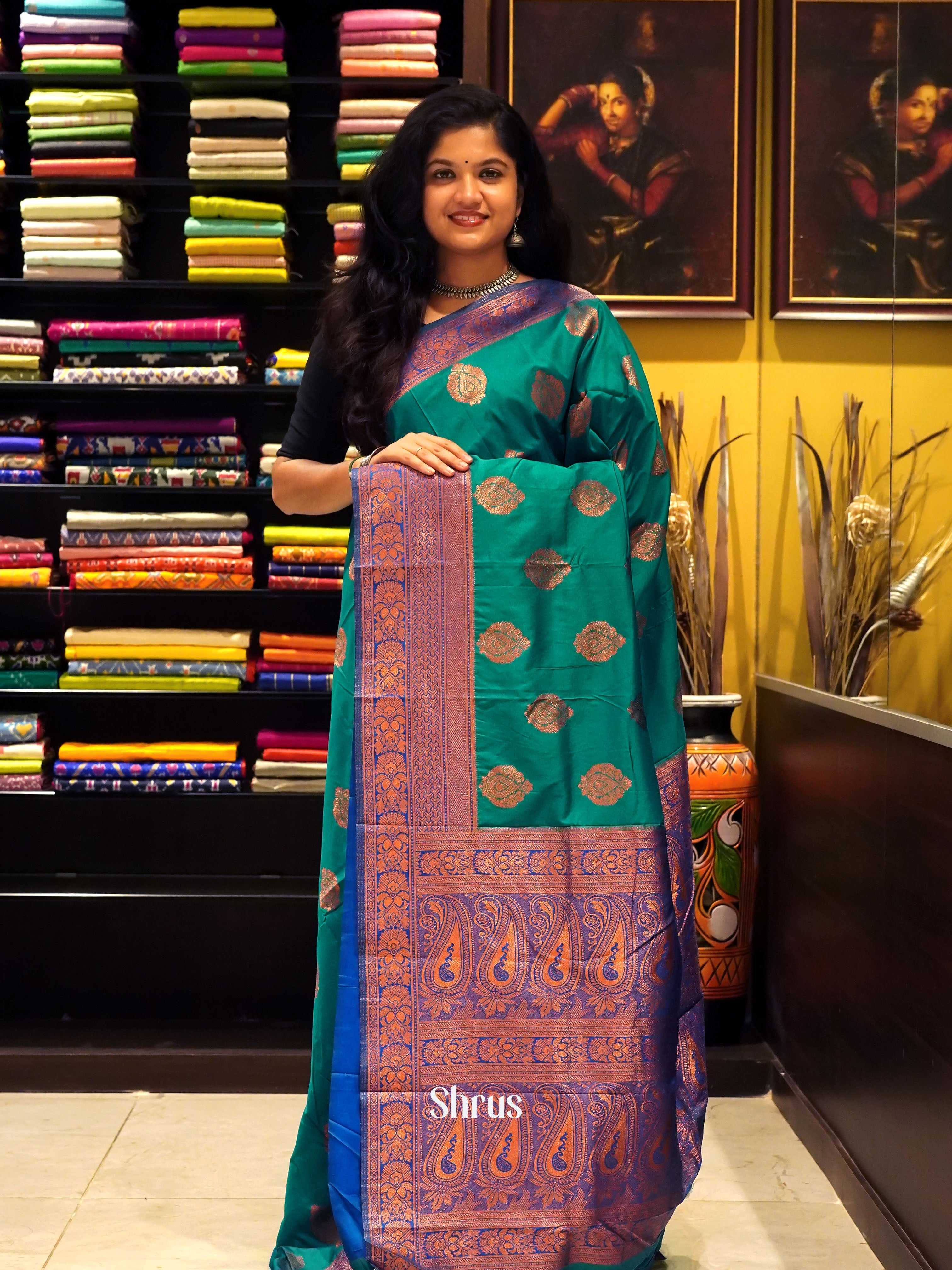 Green & Blue - Semi Softsilk Saree